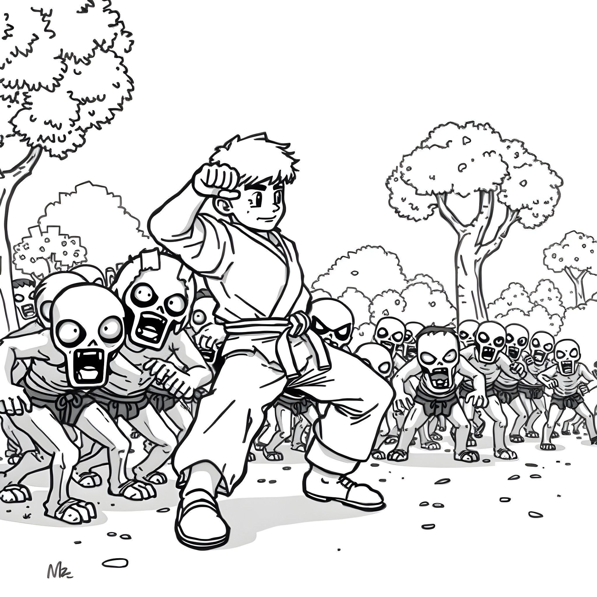 Steve battling an army of monsters in a forest Coloring Page (free black-and-white line drawing printable PDF for all, from beginners to advanced learners, including children, teens, adults, and seniors)