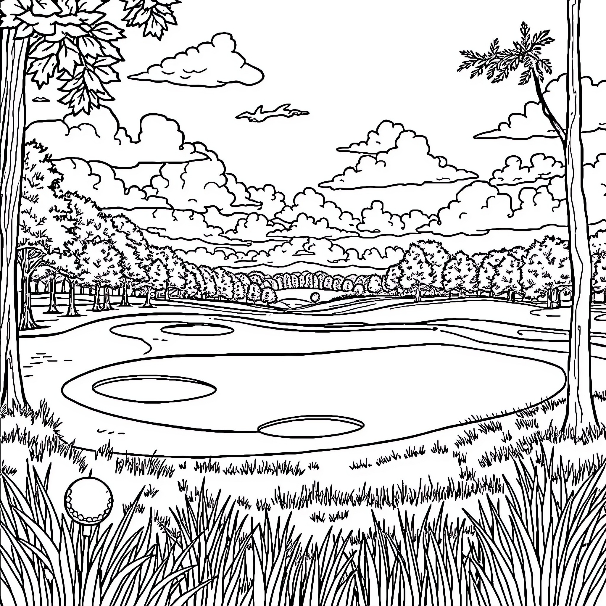 Golf Hole Surrounded by Lush Landscape and Cloudy Sky Coloring Page (free black-and-white line drawing printable PDF for all, from beginners to advanced learners, including children, teens, adults, and seniors)