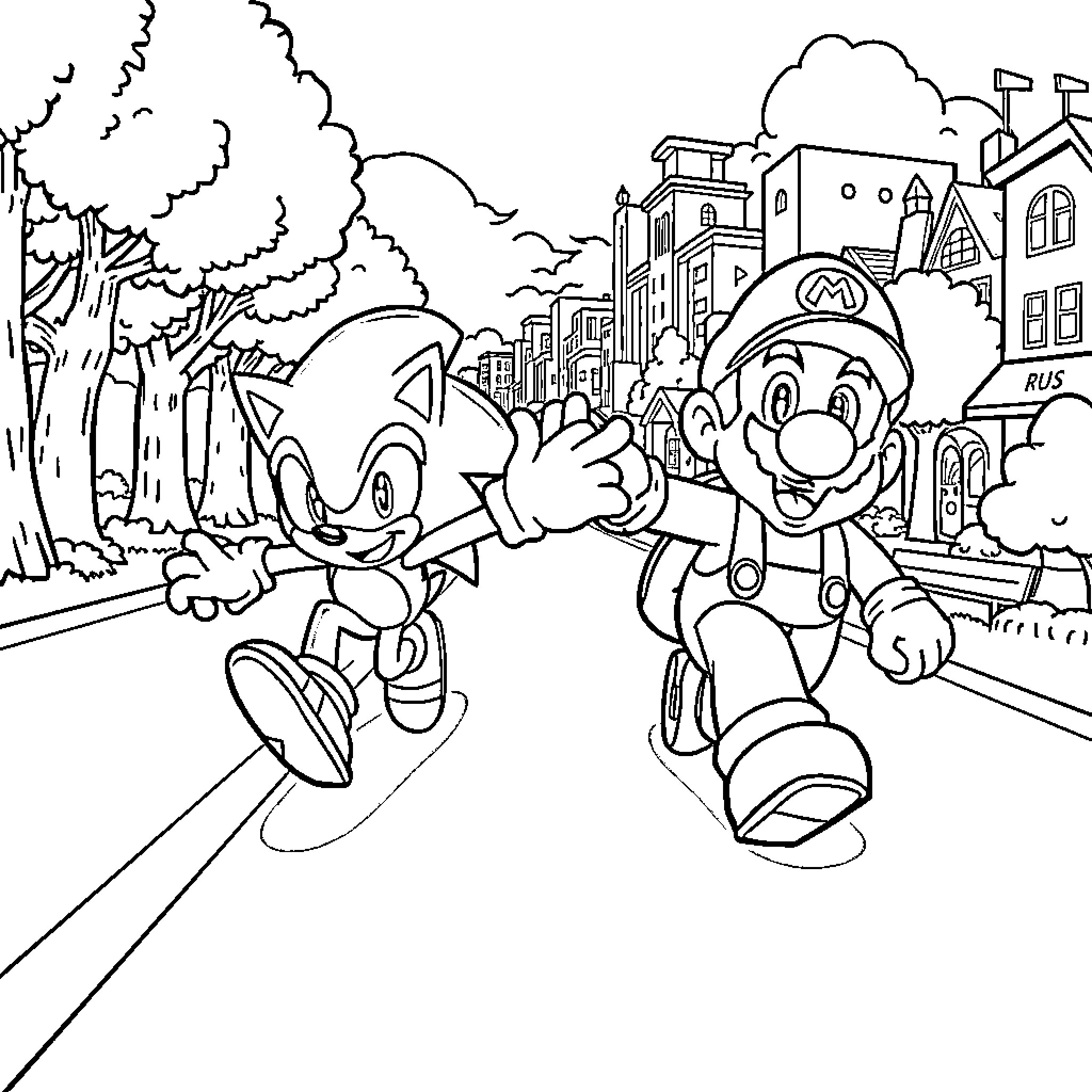 Sonic and Mario Exploring a Whimsical Town Coloring Page (free black-and-white line drawing printable PDF for all, from beginners to advanced learners, including children, teens, adults, and seniors)