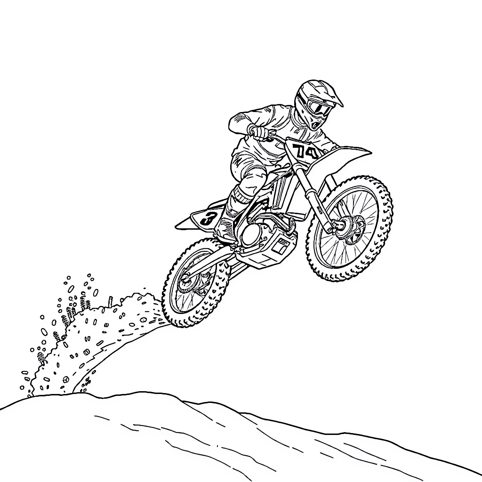 Motocross Rider Jumps Over Rugged Terrain Coloring Page (free black-and-white line drawing printable PDF for all, from beginners to advanced learners, including children, teens, adults, and seniors)