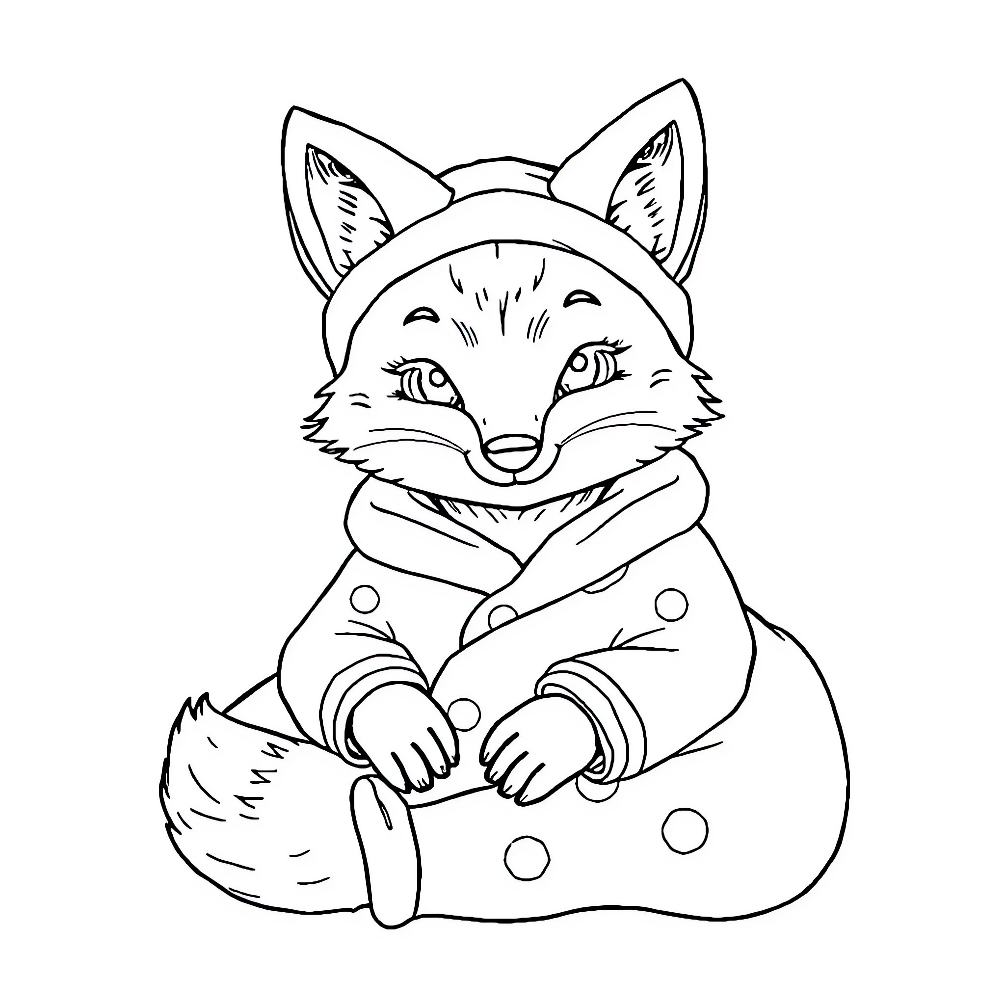 Fox in Cozy Winter Outfit Coloring Page (free black-and-white line drawing printable PDF for all, from beginners to advanced learners, including children, teens, adults, and seniors)