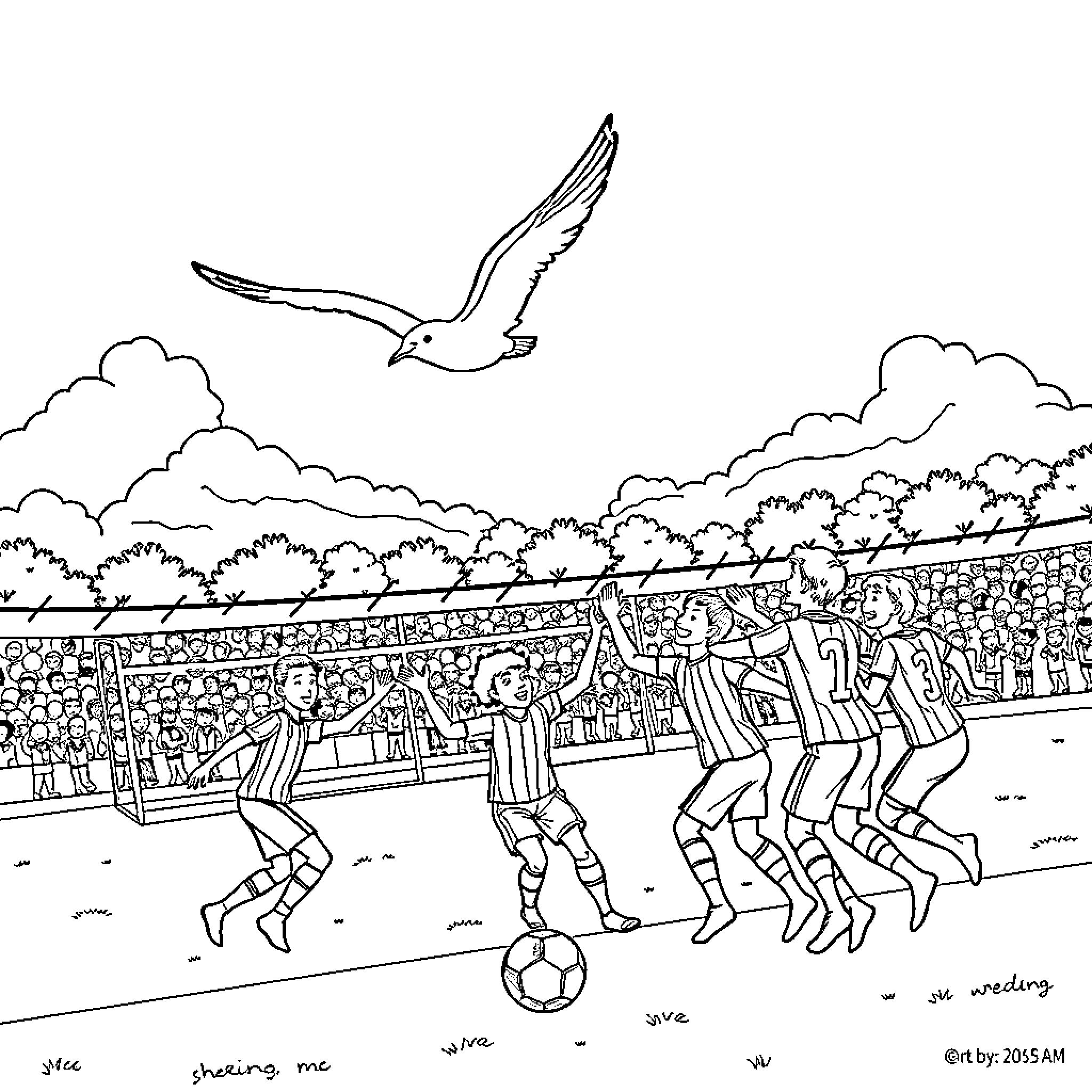 Seagull soaring over soccer players on the field Coloring Page (free black-and-white line drawing printable PDF for all, from beginners to advanced learners, including children, teens, adults, and seniors)