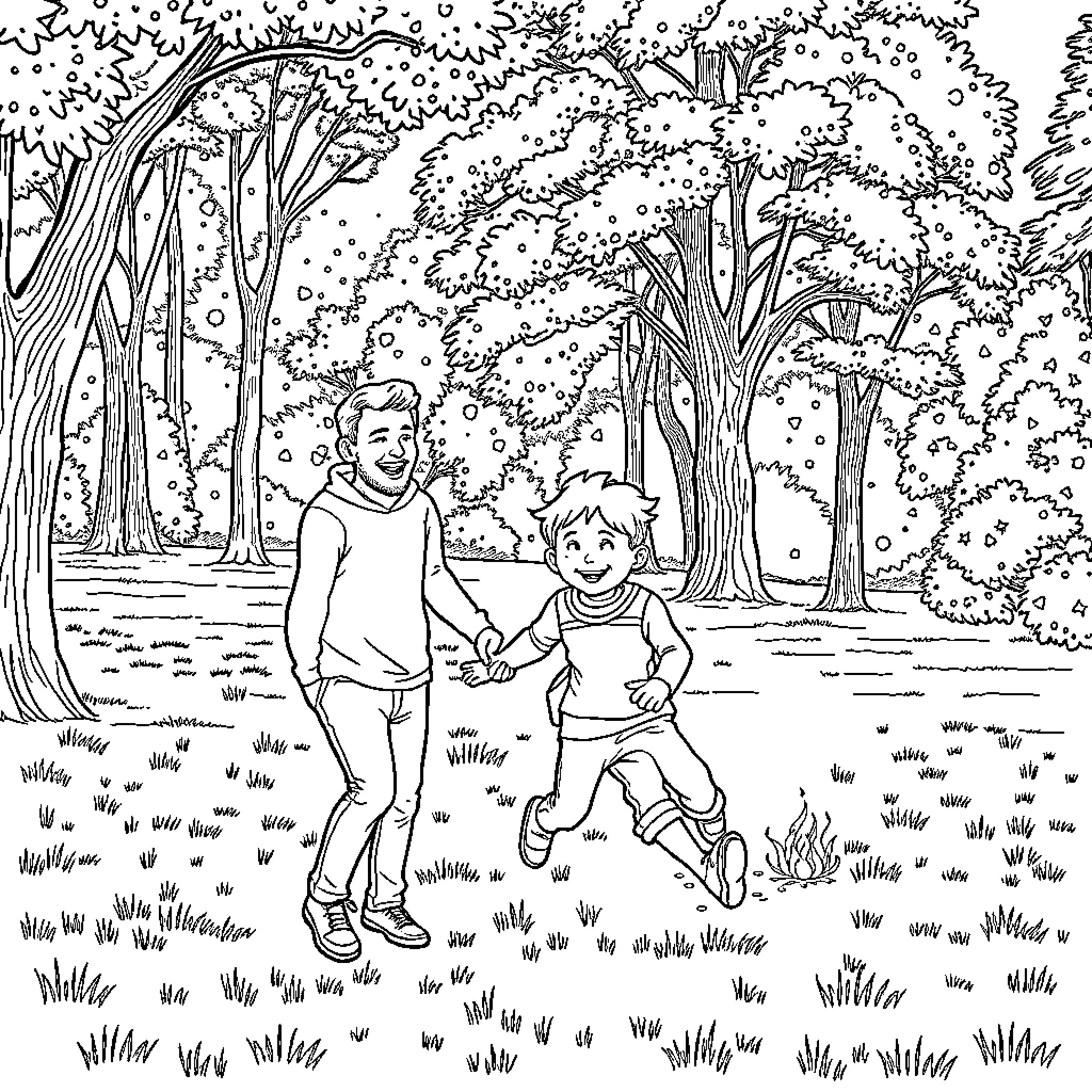Dad and son enjoying nature in the park Coloring Page (free black-and-white line drawing printable PDF for all, from beginners to advanced learners, including children, teens, adults, and seniors)