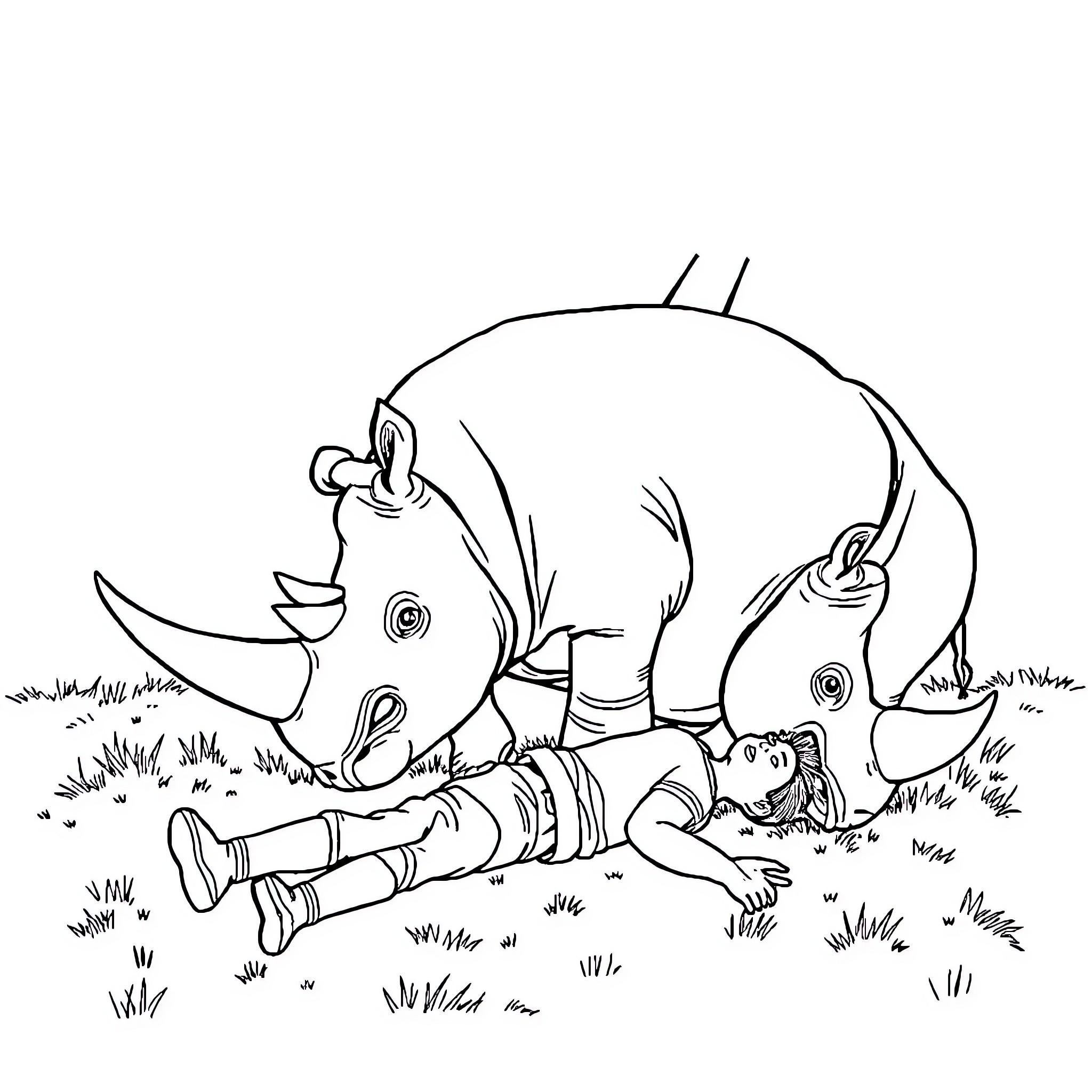 Rhino resting peacefully in the grass Coloring Page (free black-and-white line drawing printable PDF for all, from beginners to advanced learners, including children, teens, adults, and seniors)