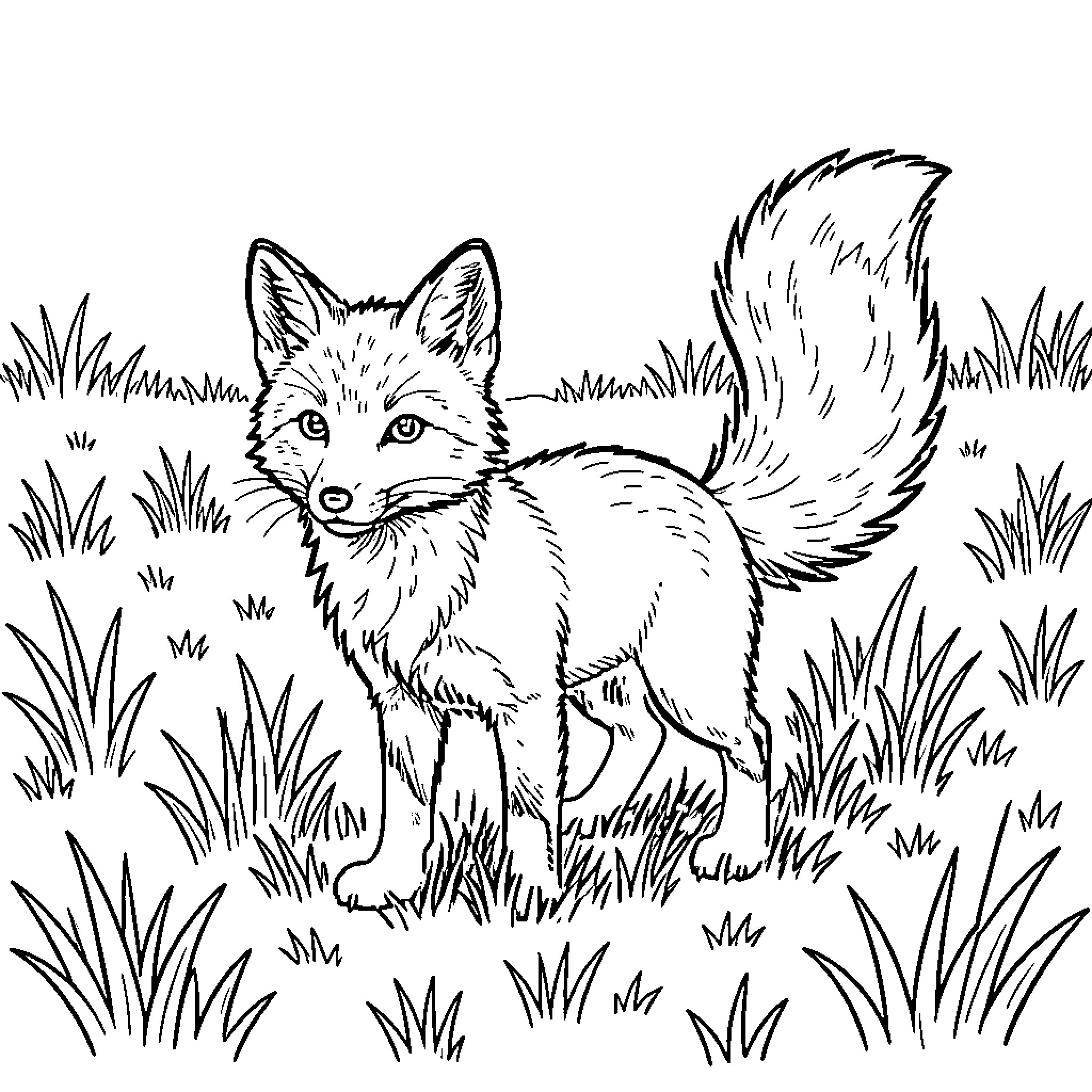 Fox exploring the grassy meadow Coloring Page (free black-and-white line drawing printable PDF for all, from beginners to advanced learners, including children, teens, adults, and seniors)
