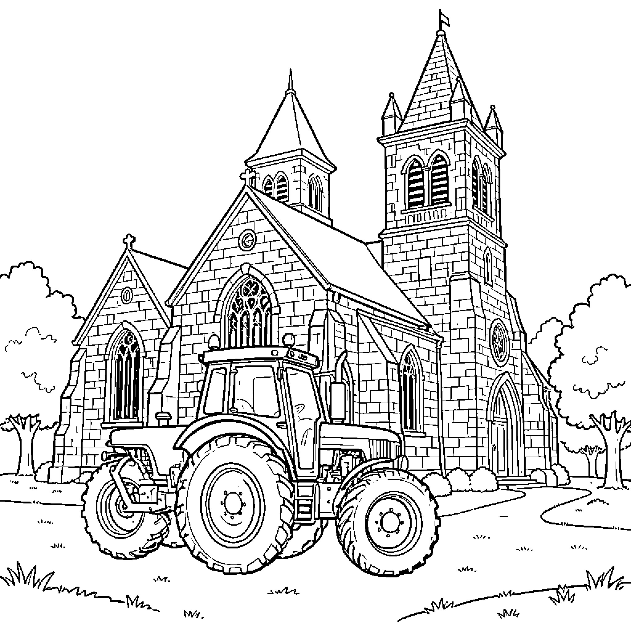 Tractor parked in front of a stone church Coloring Page (free black-and-white line drawing printable PDF for all, from beginners to advanced learners, including children, teens, adults, and seniors)