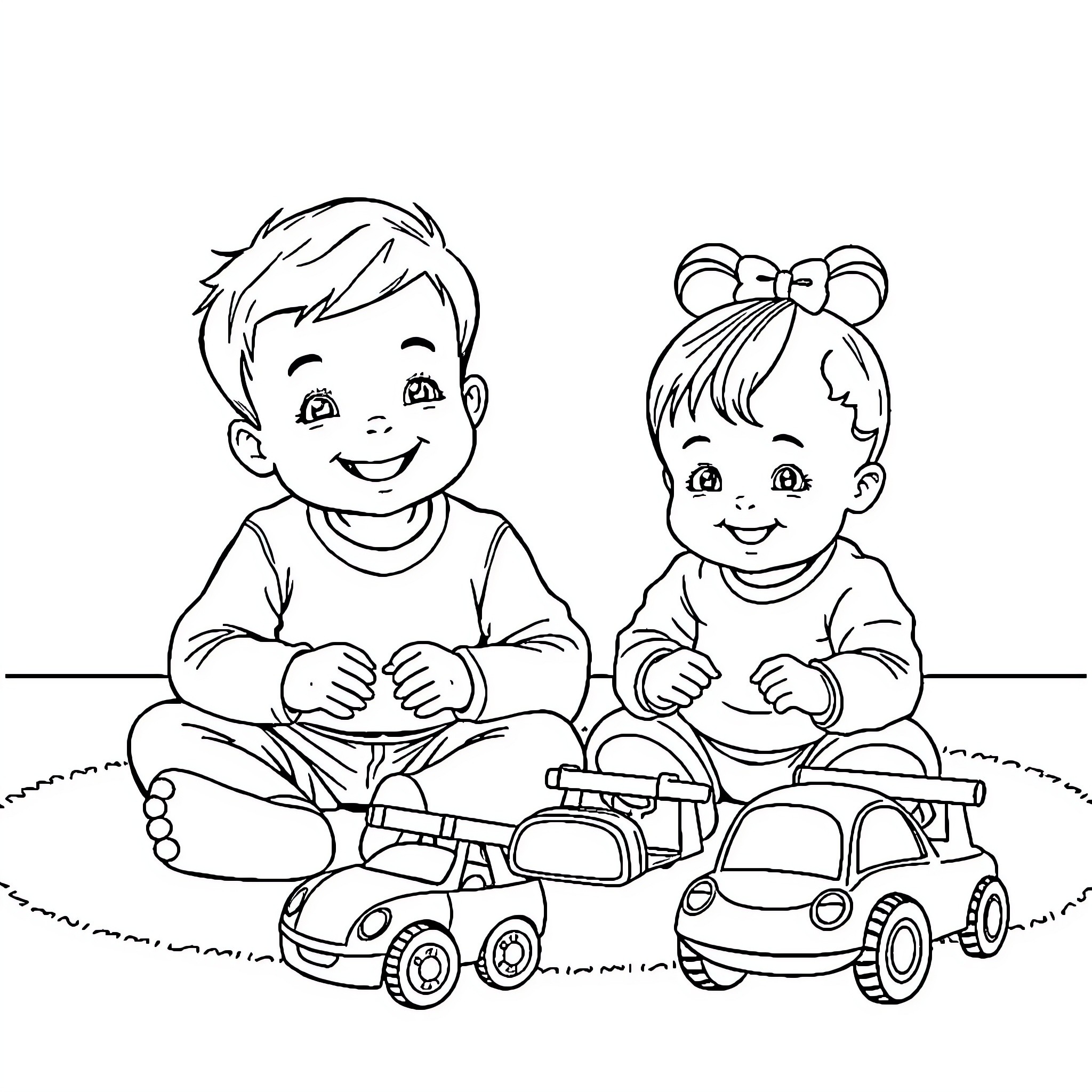Toddler siblings playing with toy cars Coloring Page (free black-and-white line drawing printable PDF for all, from beginners to advanced learners, including children, teens, adults, and seniors)