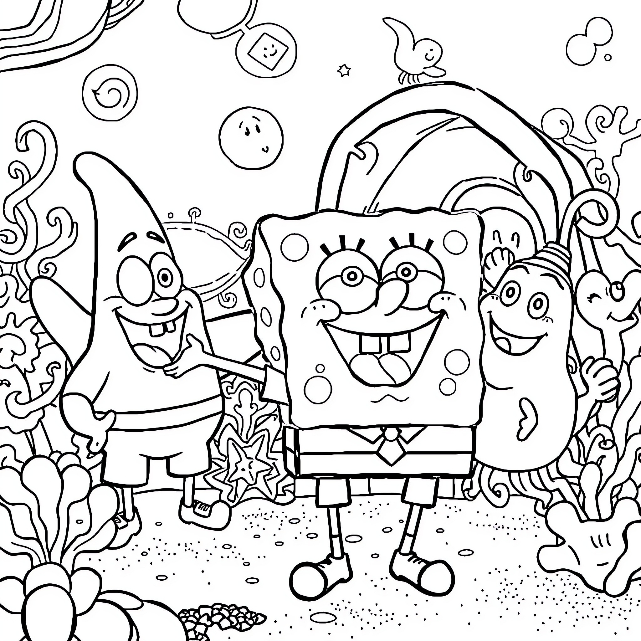 Spongebob and friends in a whimsical underwater scene Coloring Page (free black-and-white line drawing printable PDF for all, from beginners to advanced learners, including children, teens, adults, and seniors)