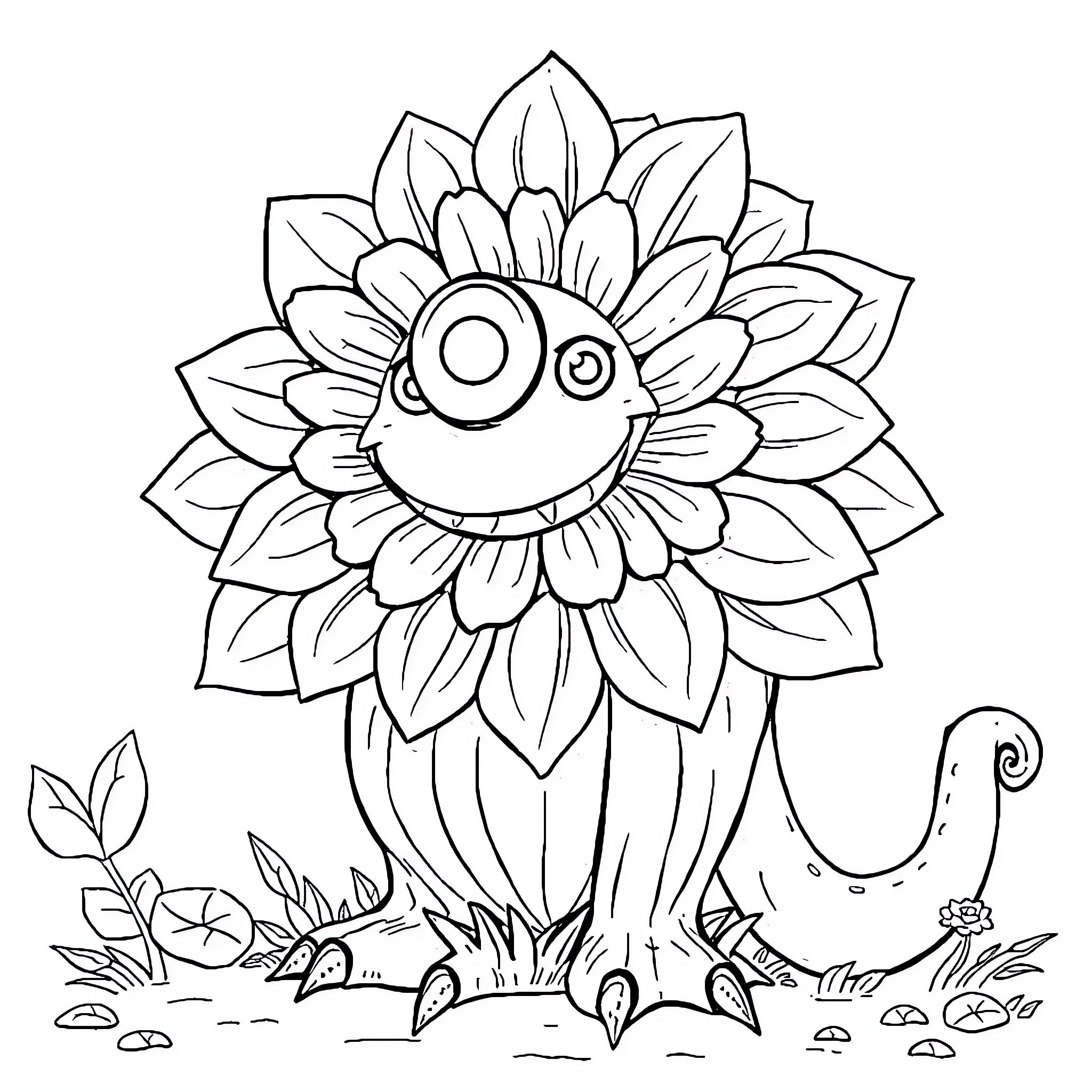 Flower Monster dancing happily in the garden Coloring Page (free black-and-white line drawing printable PDF for all, from beginners to advanced learners, including children, teens, adults, and seniors)