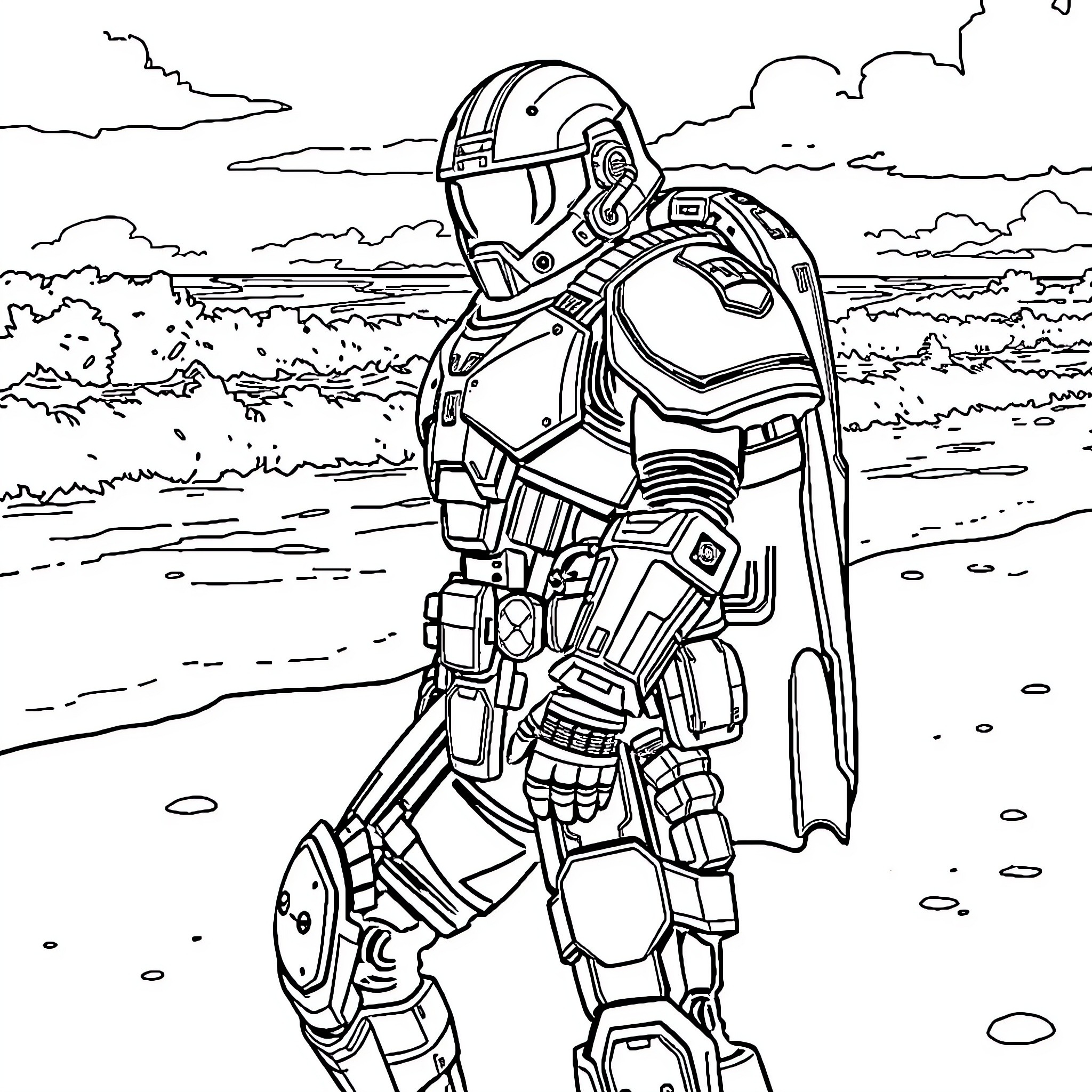 Space Marine exploring alien planet landscape Coloring Page (free black-and-white line drawing printable PDF for all, from beginners to advanced learners, including children, teens, adults, and seniors)