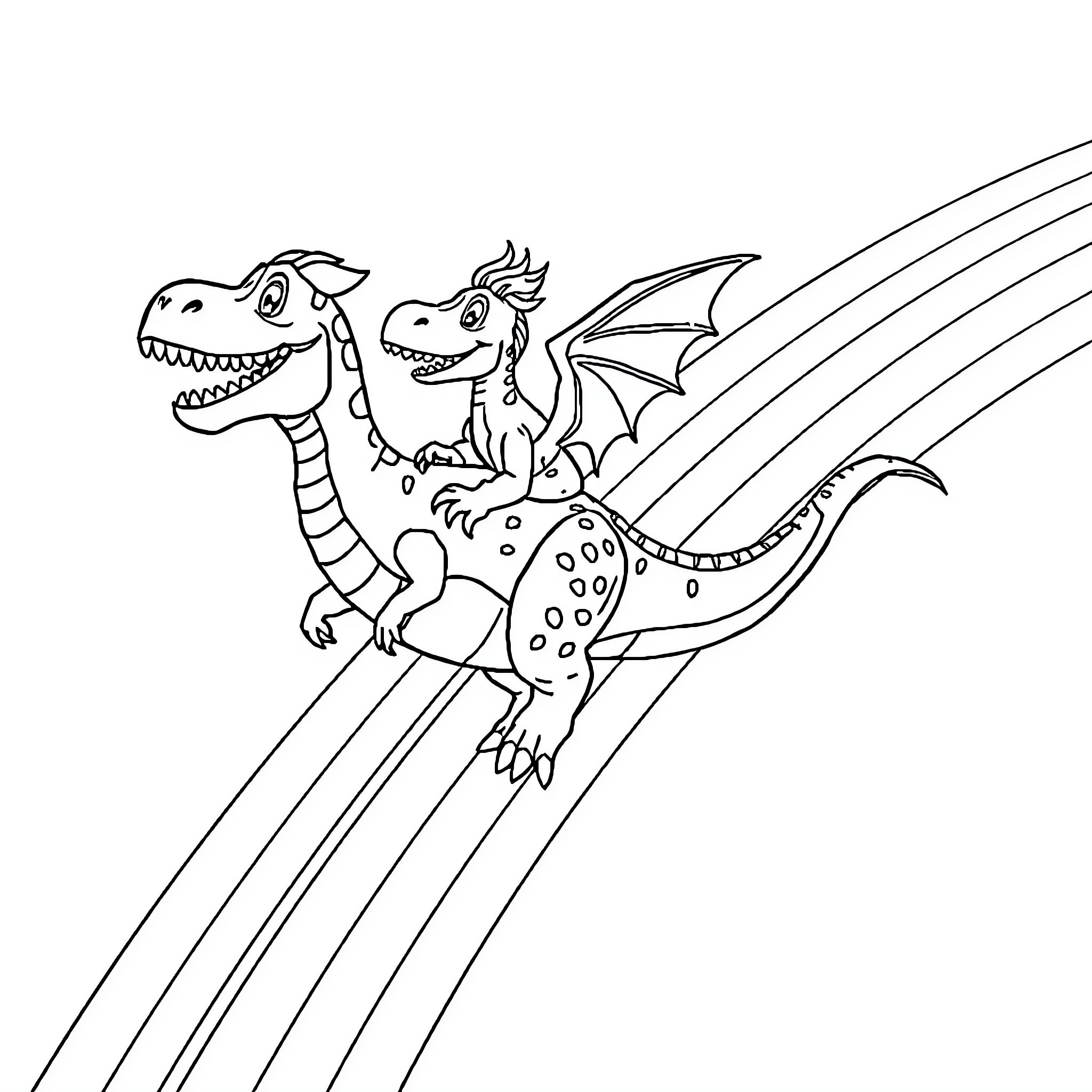 Dinosaur friends soaring through the sky Coloring Page (free black-and-white line drawing printable PDF for all, from beginners to advanced learners, including children, teens, adults, and seniors)