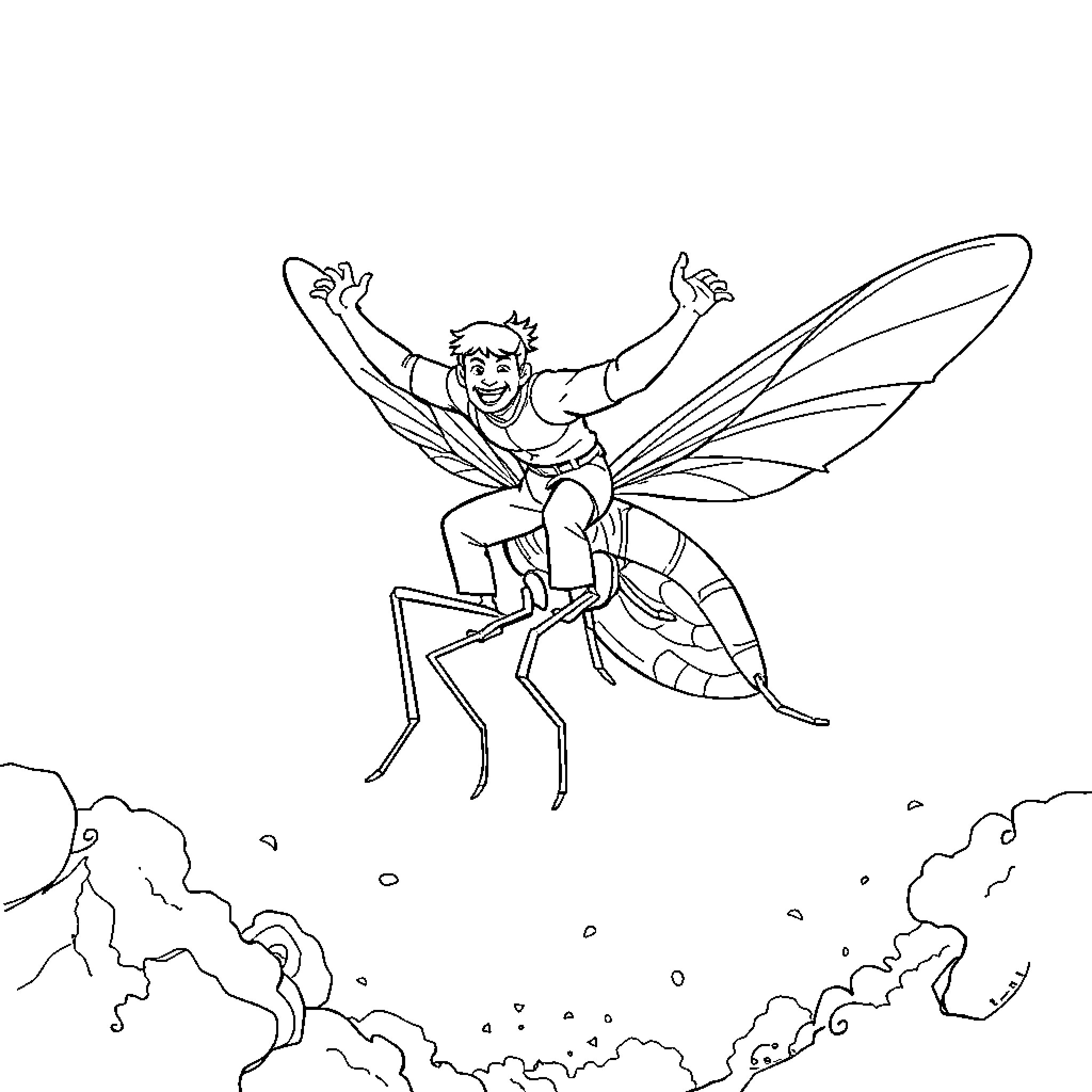 Man flying joyfully on giant insect in the sky Coloring Page (free black-and-white line drawing printable PDF for all, from beginners to advanced learners, including children, teens, adults, and seniors)