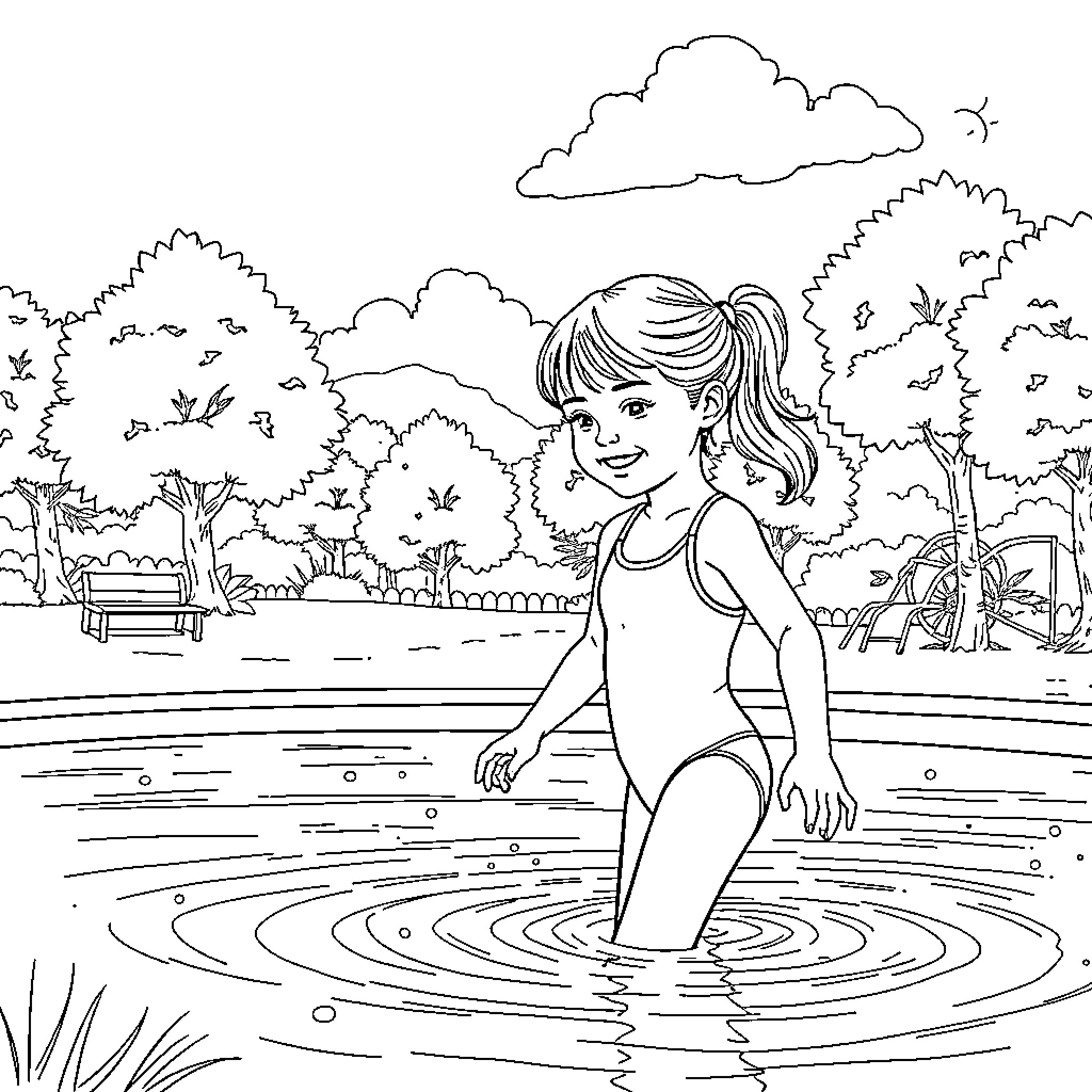 Girl enjoying a swim in the lake Coloring Page (free black-and-white line drawing printable PDF for all, from beginners to advanced learners, including children, teens, adults, and seniors)