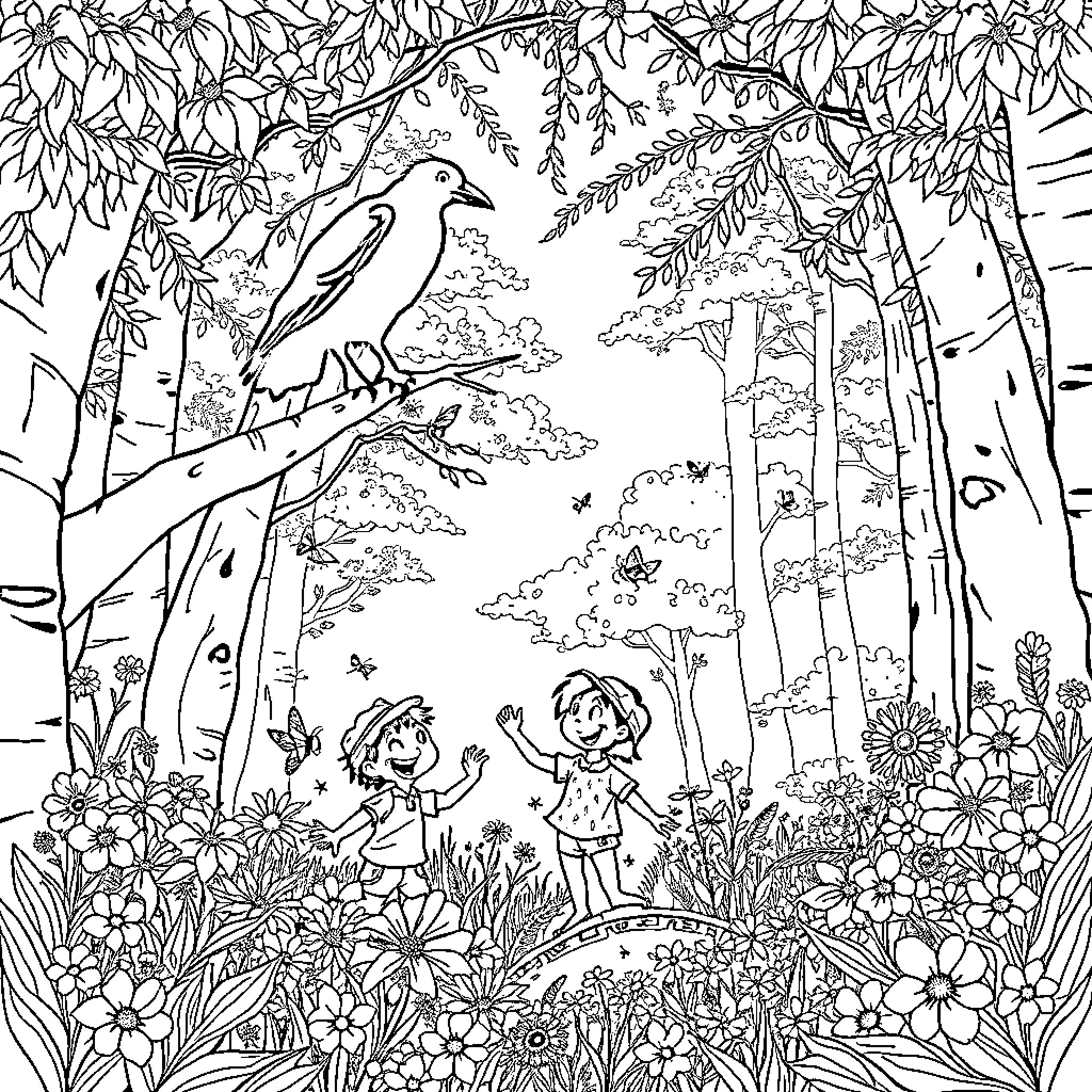 Crow among nature's wonders Coloring Page (free black-and-white line drawing printable PDF for all, from beginners to advanced learners, including children, teens, adults, and seniors)