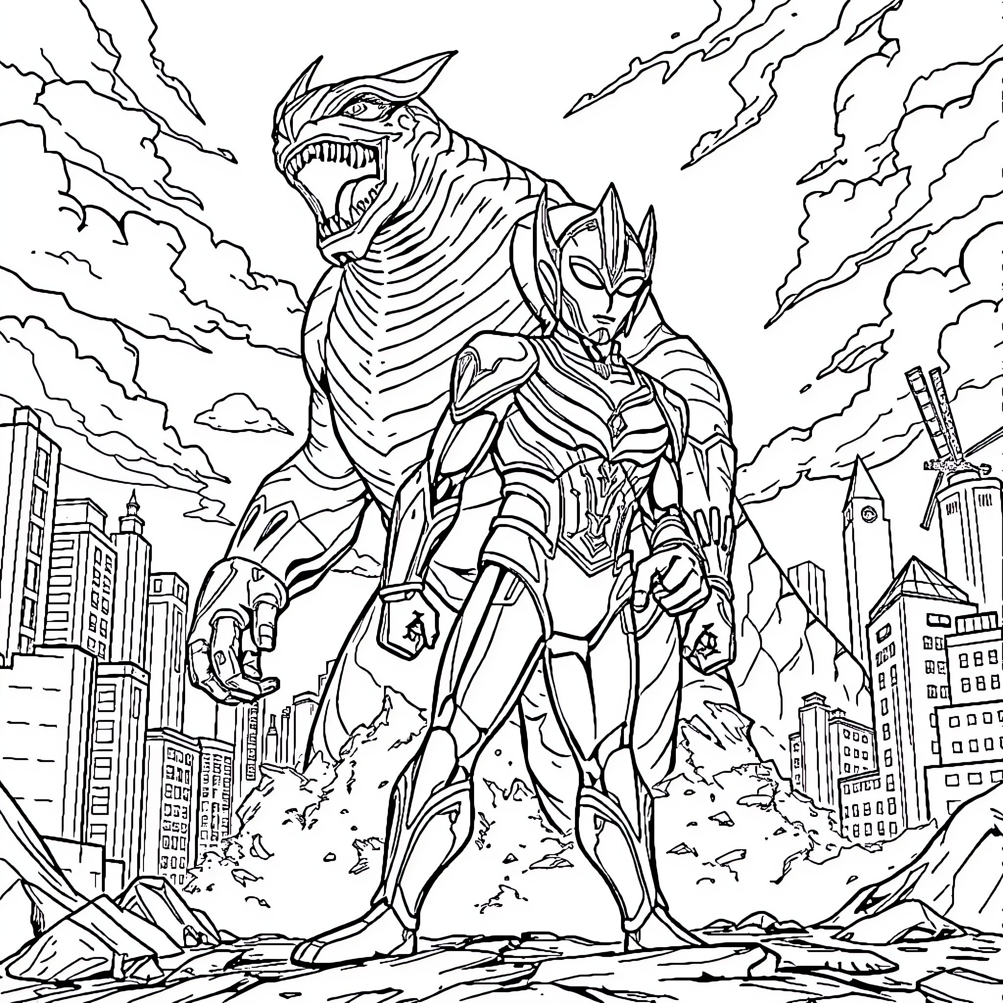 Ultraman battles powerful monster in futuristic city Coloring Page (free black-and-white line drawing printable PDF for all, from beginners to advanced learners, including children, teens, adults, and seniors)