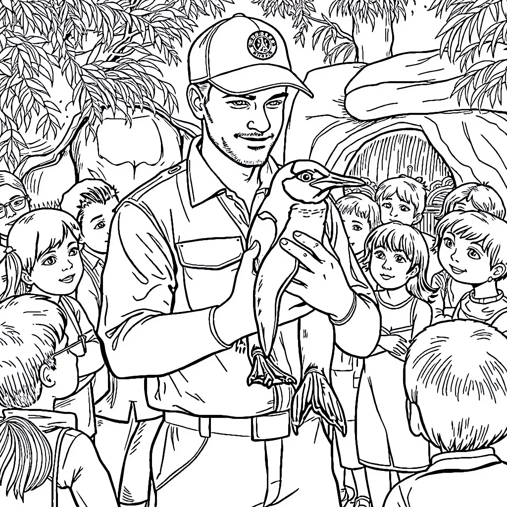 Penguin ranger greeting children in the wilderness Coloring Page (free black-and-white line drawing printable PDF for all, from beginners to advanced learners, including children, teens, adults, and seniors)