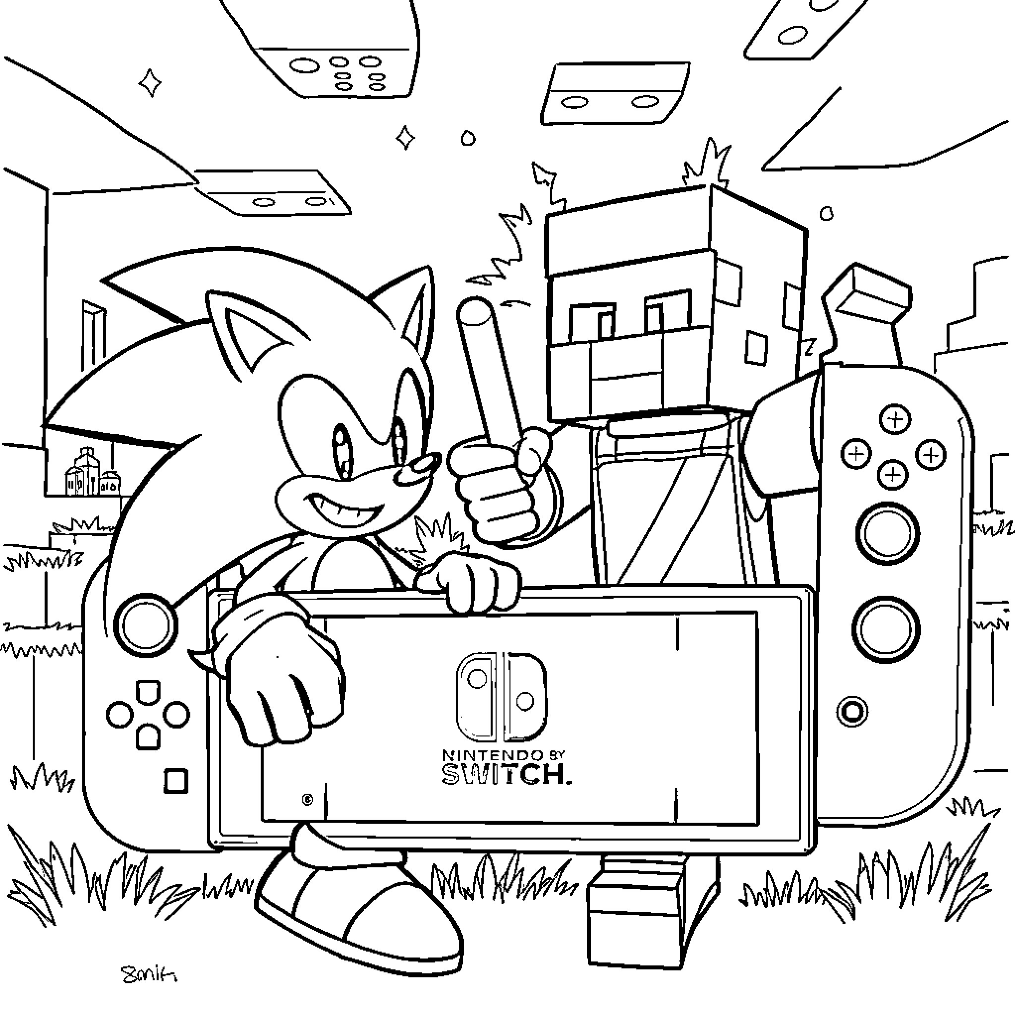 Sonic enjoying a gaming session on a console Coloring Page (free black-and-white line drawing printable PDF for all, from beginners to advanced learners, including children, teens, adults, and seniors)