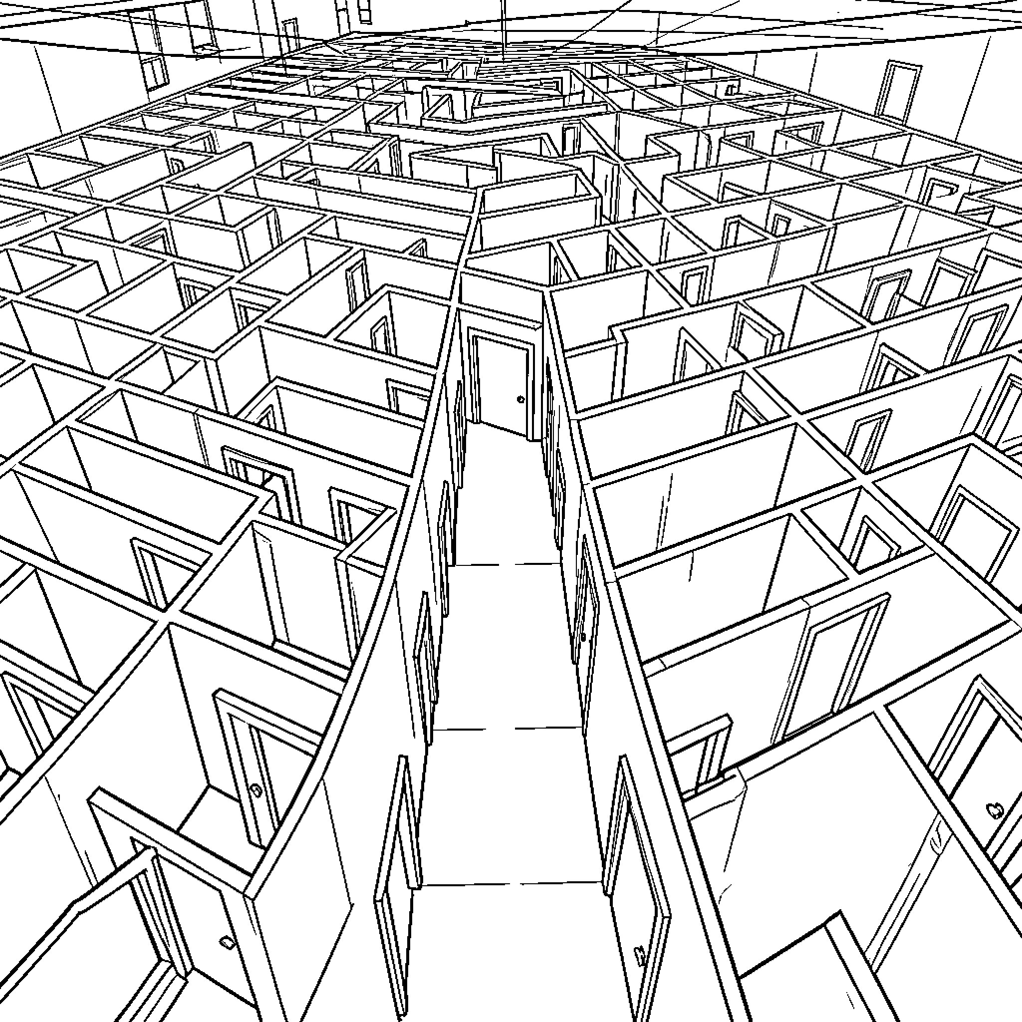 Backroom consisting of an endless maze of empty rooms Coloring Page (free black-and-white line drawing printable PDF for all, from beginners to advanced learners, including children, teens, adults, and seniors)