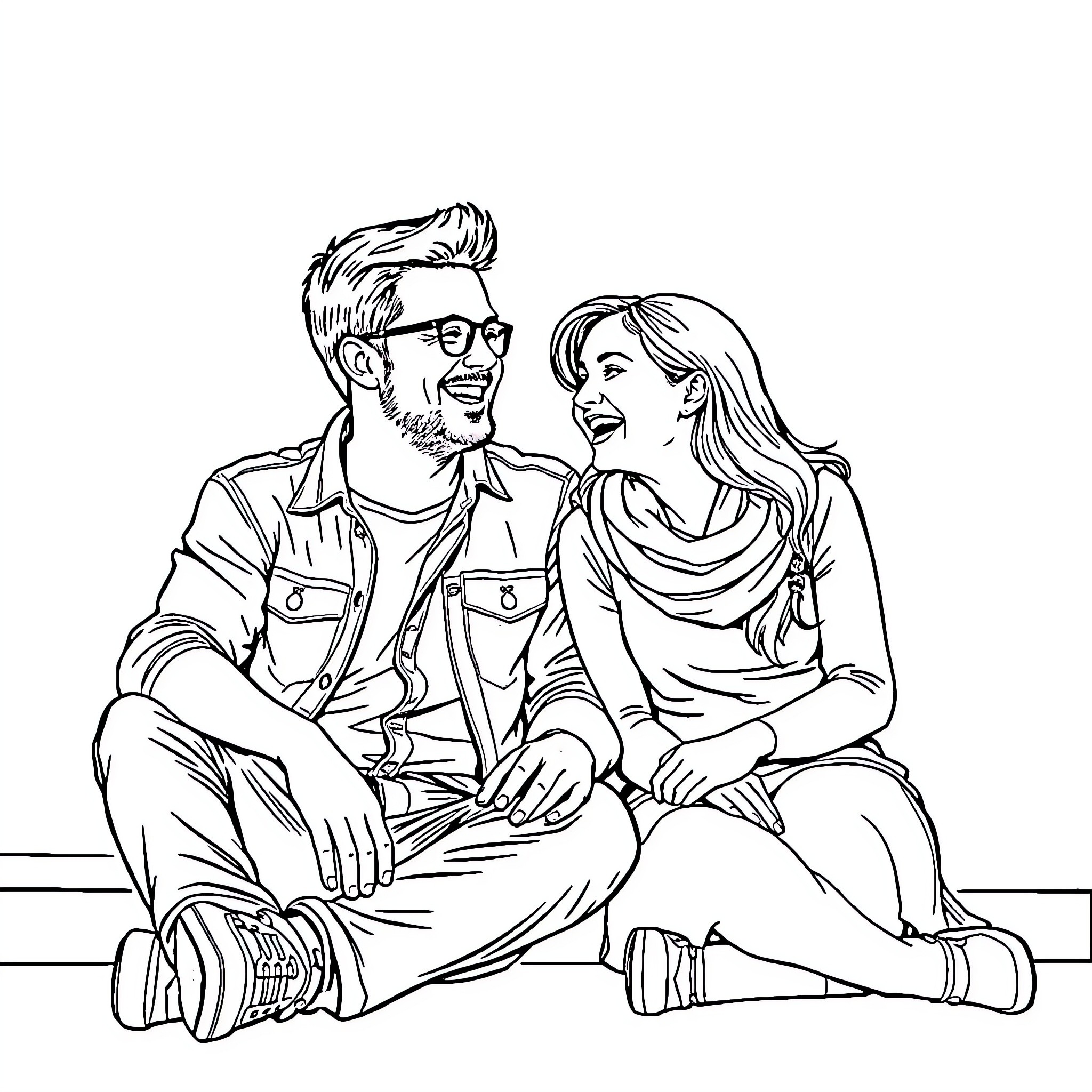 Steve and Sarah share a delightful moment Coloring Page (free black-and-white line drawing printable PDF for all, from beginners to advanced learners, including children, teens, adults, and seniors)