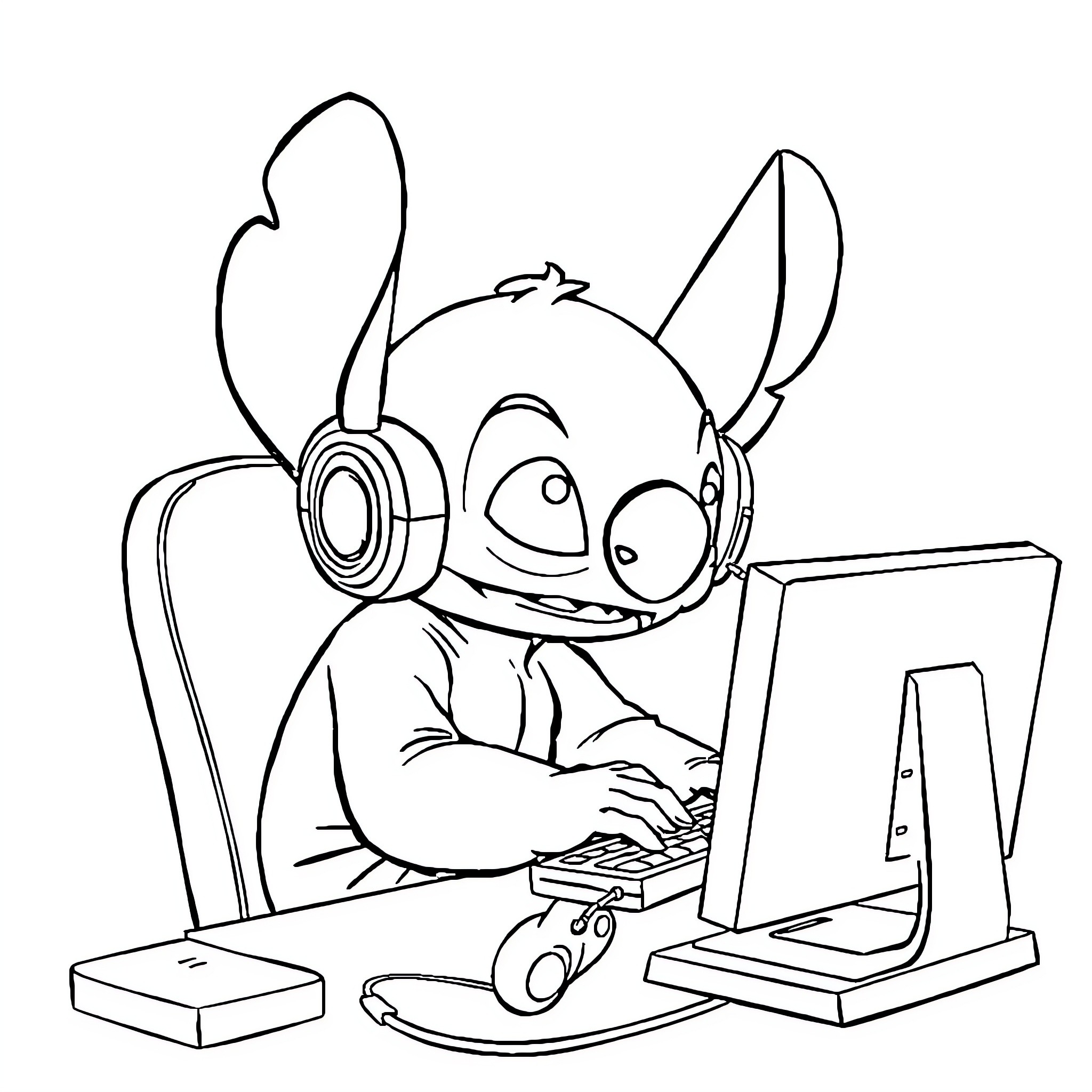 Stitch using computer with headphones Coloring Page (free black-and-white line drawing printable PDF for all, from beginners to advanced learners, including children, teens, adults, and seniors)