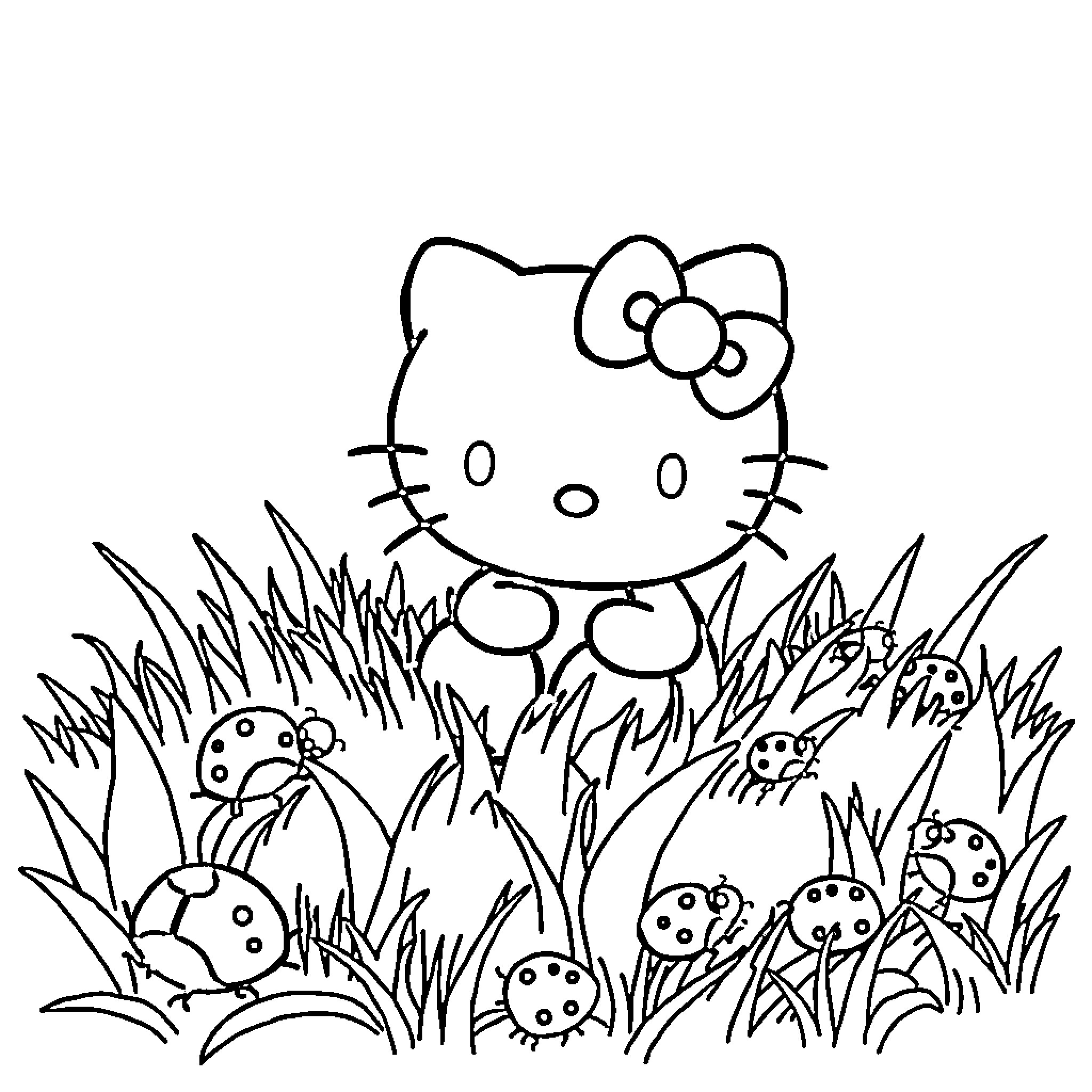 Hello Kitty playing in the meadow Coloring Page (free black-and-white line drawing printable PDF for all, from beginners to advanced learners, including children, teens, adults, and seniors)