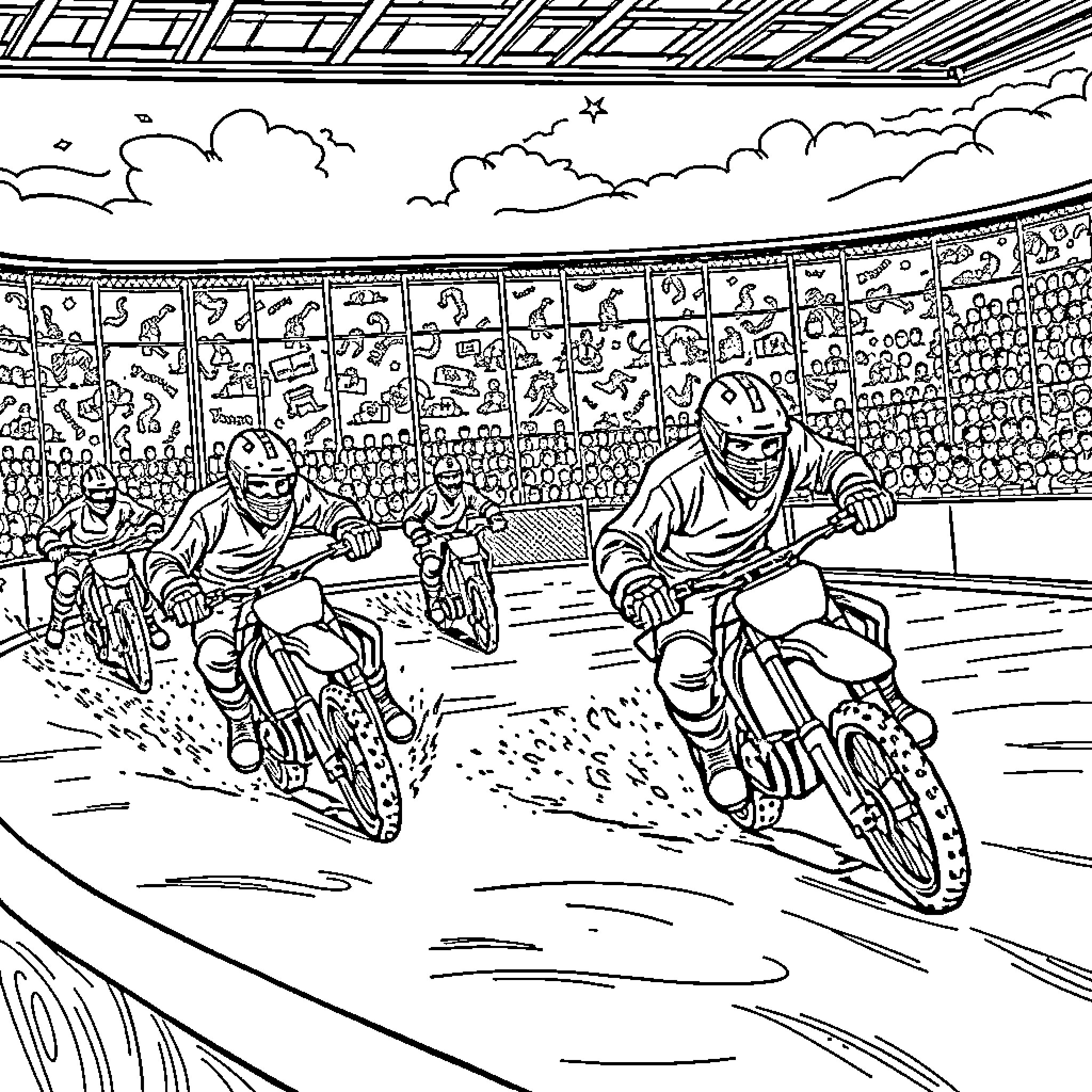 Hockey Bike Racers in Stadium Arena Coloring Page (free black-and-white line drawing printable PDF for all, from beginners to advanced learners, including children, teens, adults, and seniors)