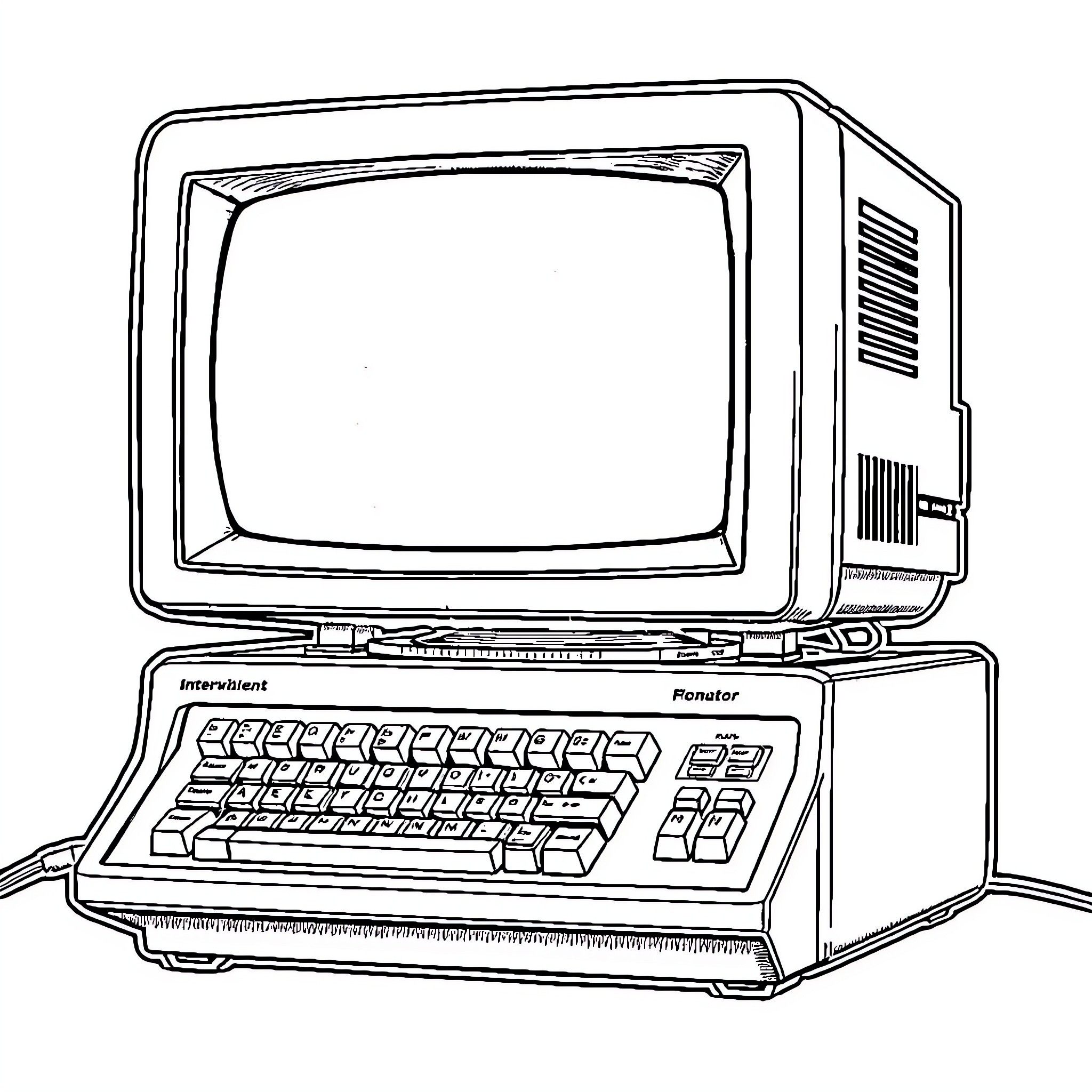 Monitor displaying retro computer with keyboard Coloring Page (free black-and-white line drawing printable PDF for all, from beginners to advanced learners, including children, teens, adults, and seniors)