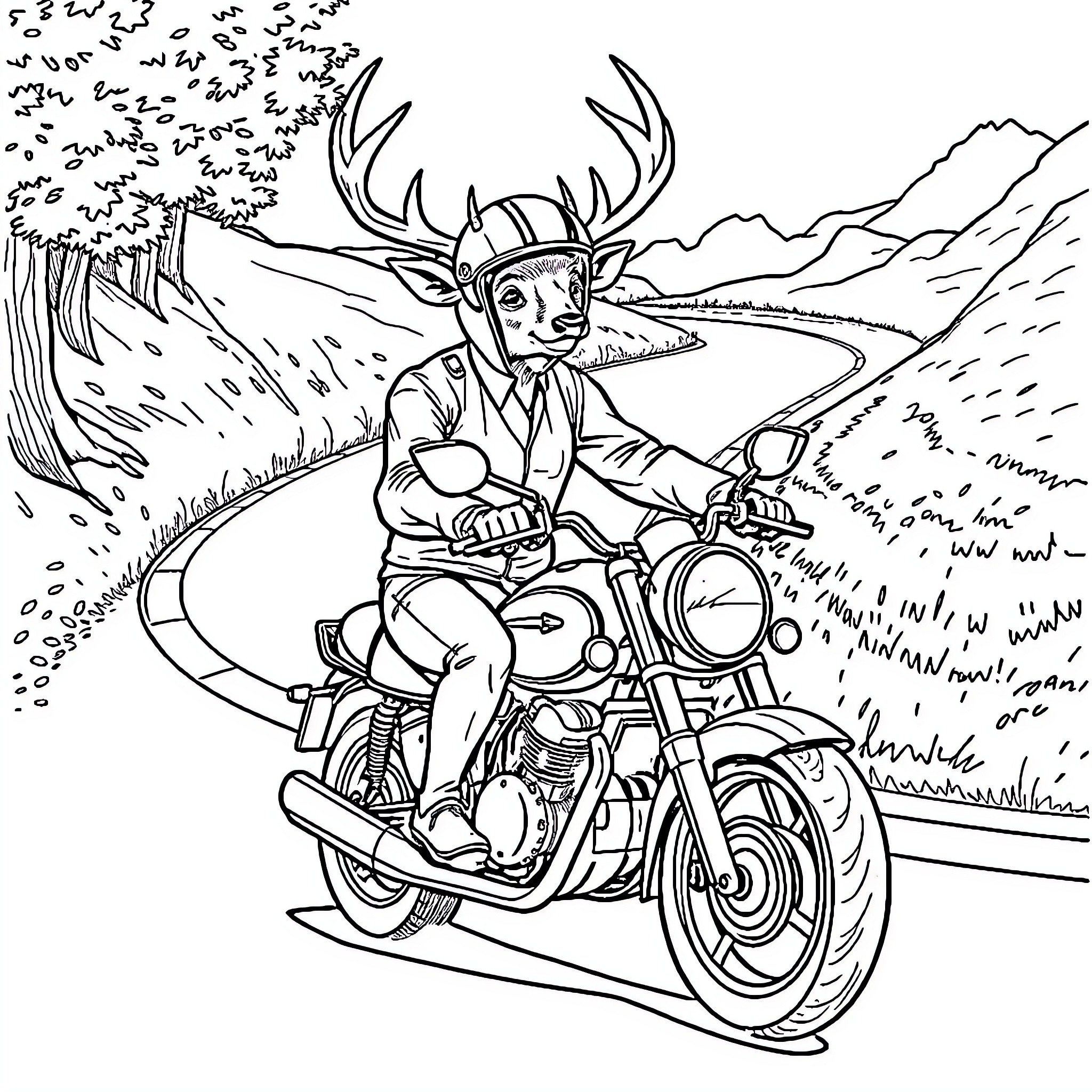 Deer riding motorcycle on winding road Coloring Page (free black-and-white line drawing printable PDF for all, from beginners to advanced learners, including children, teens, adults, and seniors)
