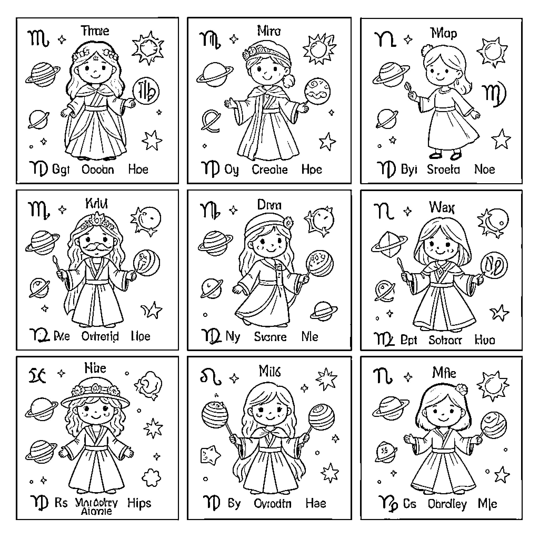 Signo Diverse Girls Expressing Celestial Interests Coloring Page (free black-and-white line drawing printable PDF for all, from beginners to advanced learners, including children, teens, adults, and seniors)