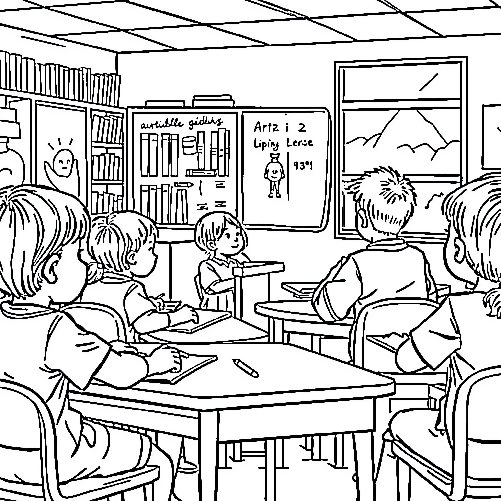 Child drawing in art class with classmates Coloring Page (free black-and-white line drawing printable PDF for all, from beginners to advanced learners, including children, teens, adults, and seniors)