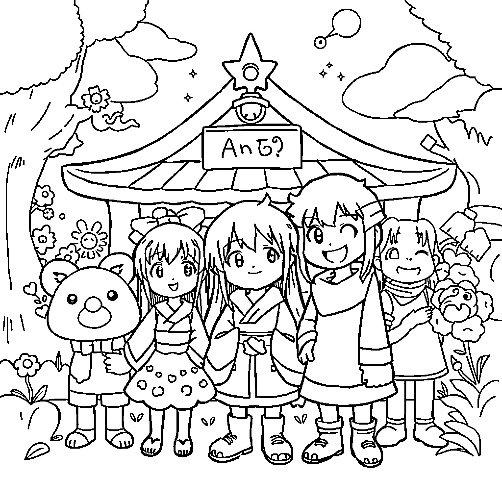 Anime characters at a festival or celebration Coloring Page (free black-and-white line drawing printable PDF for all, from beginners to advanced learners, including children, teens, adults, and seniors)