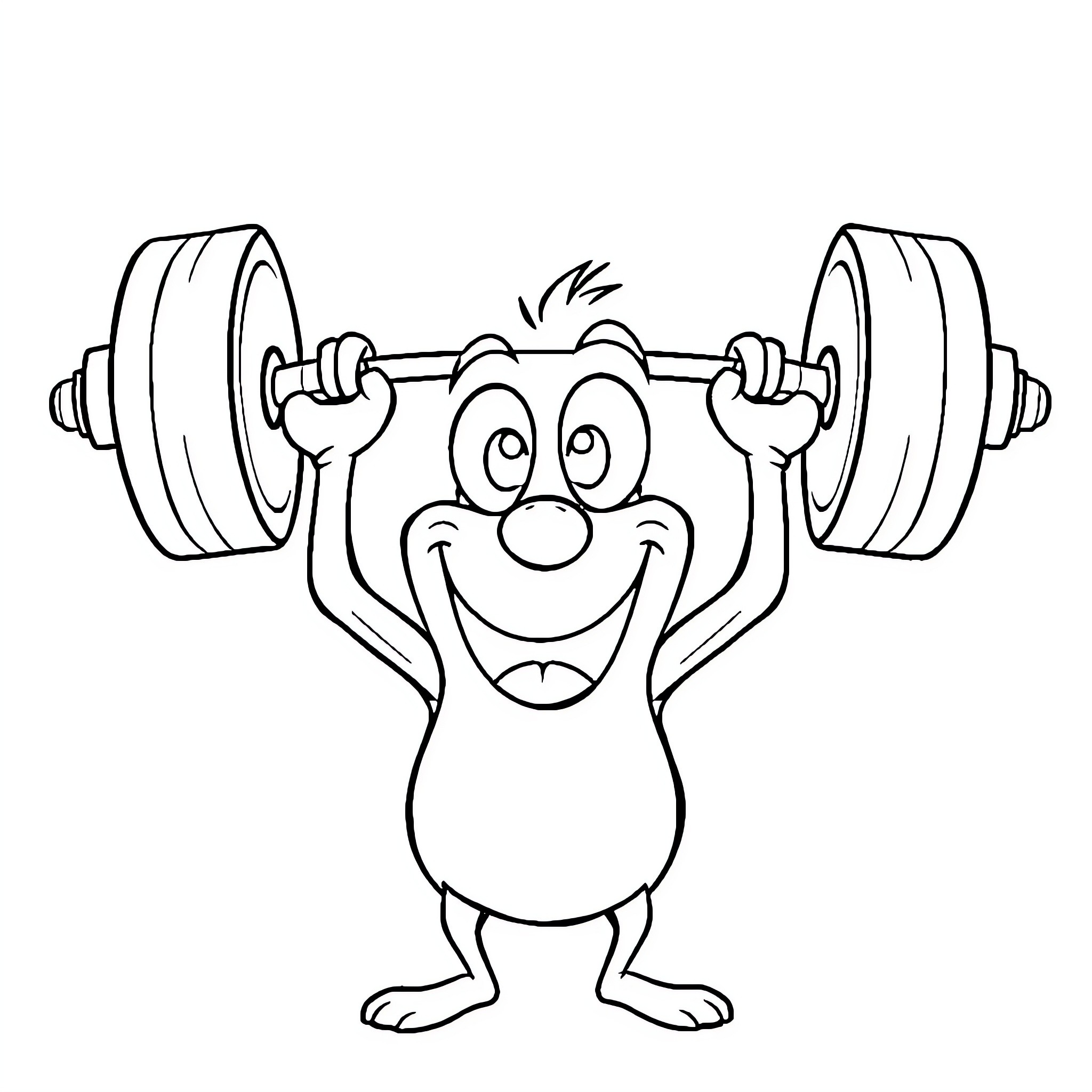Smiley Face Lifting Weights Happily Coloring Page (free black-and-white line drawing printable PDF for all, from beginners to advanced learners, including children, teens, adults, and seniors)