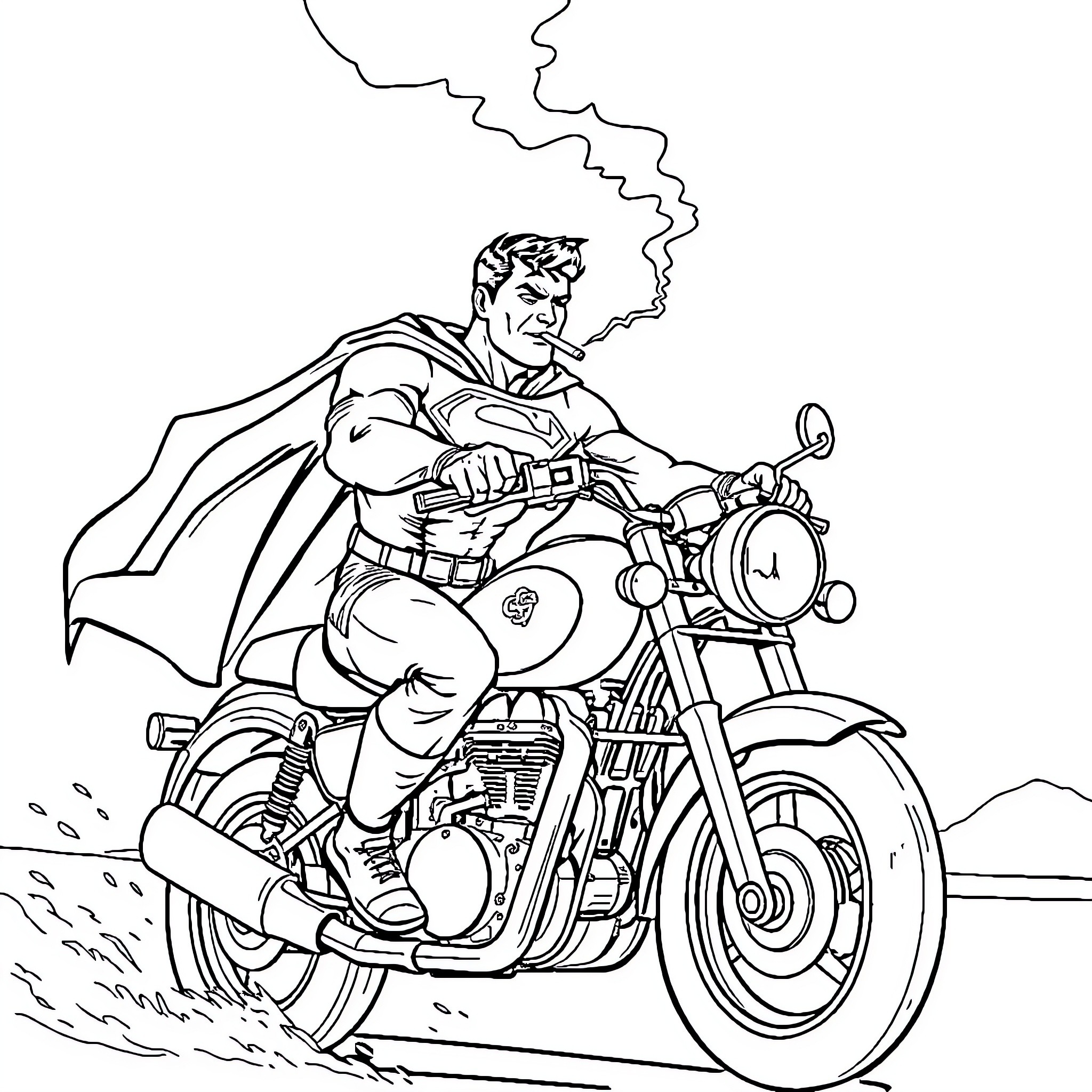 Superman riding a motorcycle on the open road Coloring Page (free black-and-white line drawing printable PDF for all, from beginners to advanced learners, including children, teens, adults, and seniors)