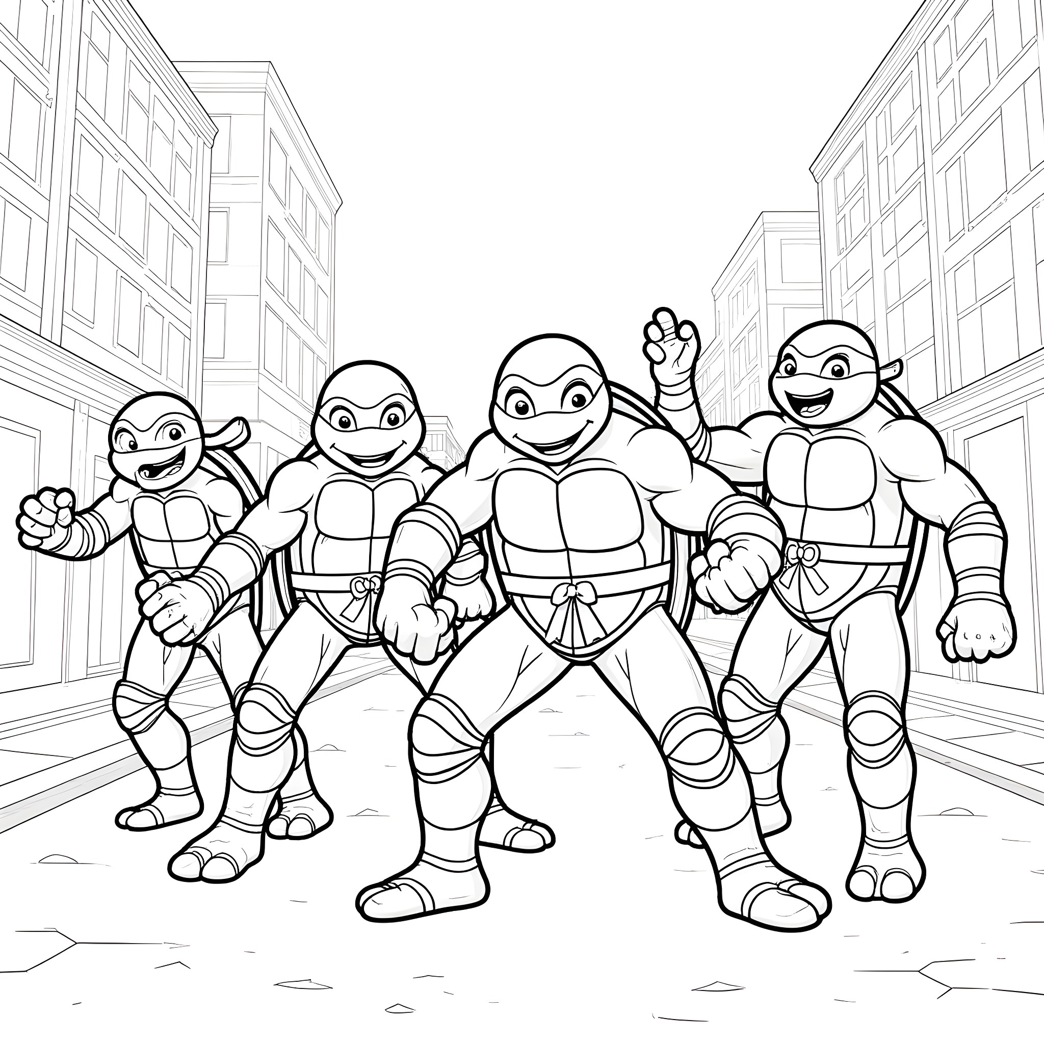 Ninja Turtle heroes in action posing in the city Coloring Page (free black-and-white line drawing printable PDF for all, from beginners to advanced learners, including children, teens, adults, and seniors)