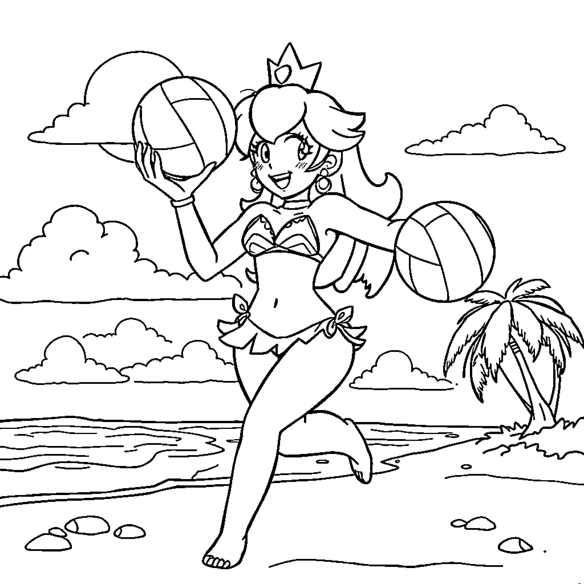 Princess playing beach volleyball on tropical island Coloring Page (free black-and-white line drawing printable PDF for all, from beginners to advanced learners, including children, teens, adults, and seniors)