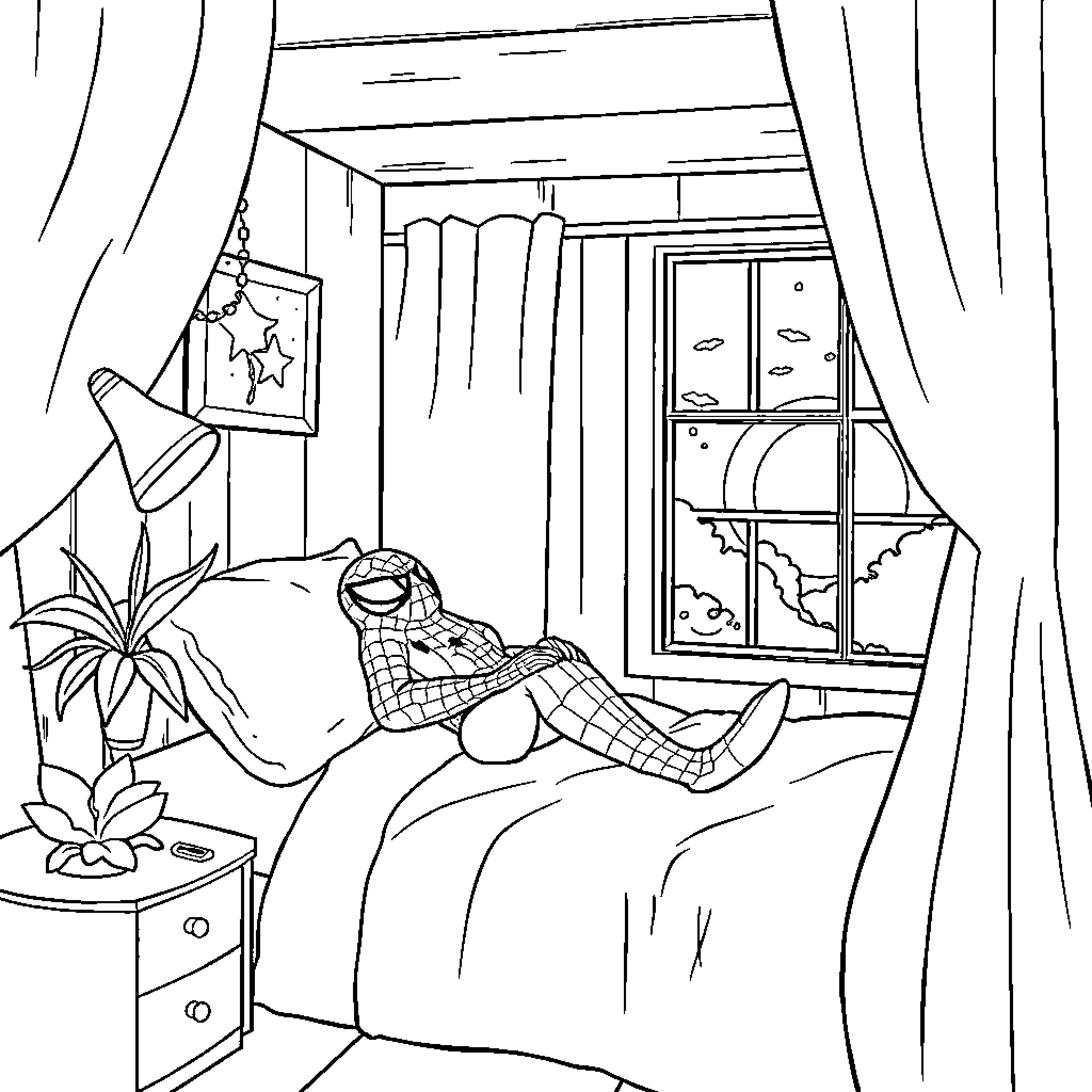 Spider-Man resting peacefully in his bedroom Coloring Page (free black-and-white line drawing printable PDF for all, from beginners to advanced learners, including children, teens, adults, and seniors)