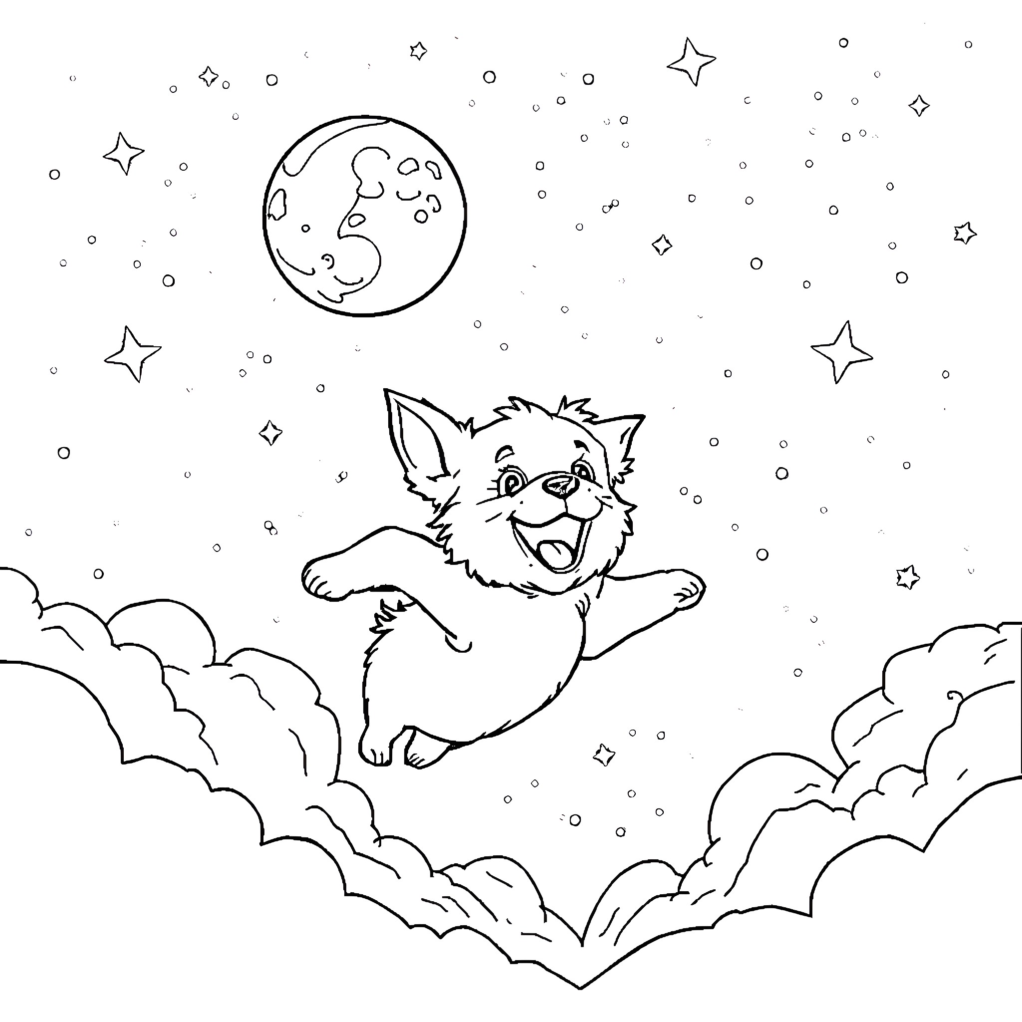 Dog happily jumping among the clouds Coloring Page (free black-and-white line drawing printable PDF for all, from beginners to advanced learners, including children, teens, adults, and seniors)