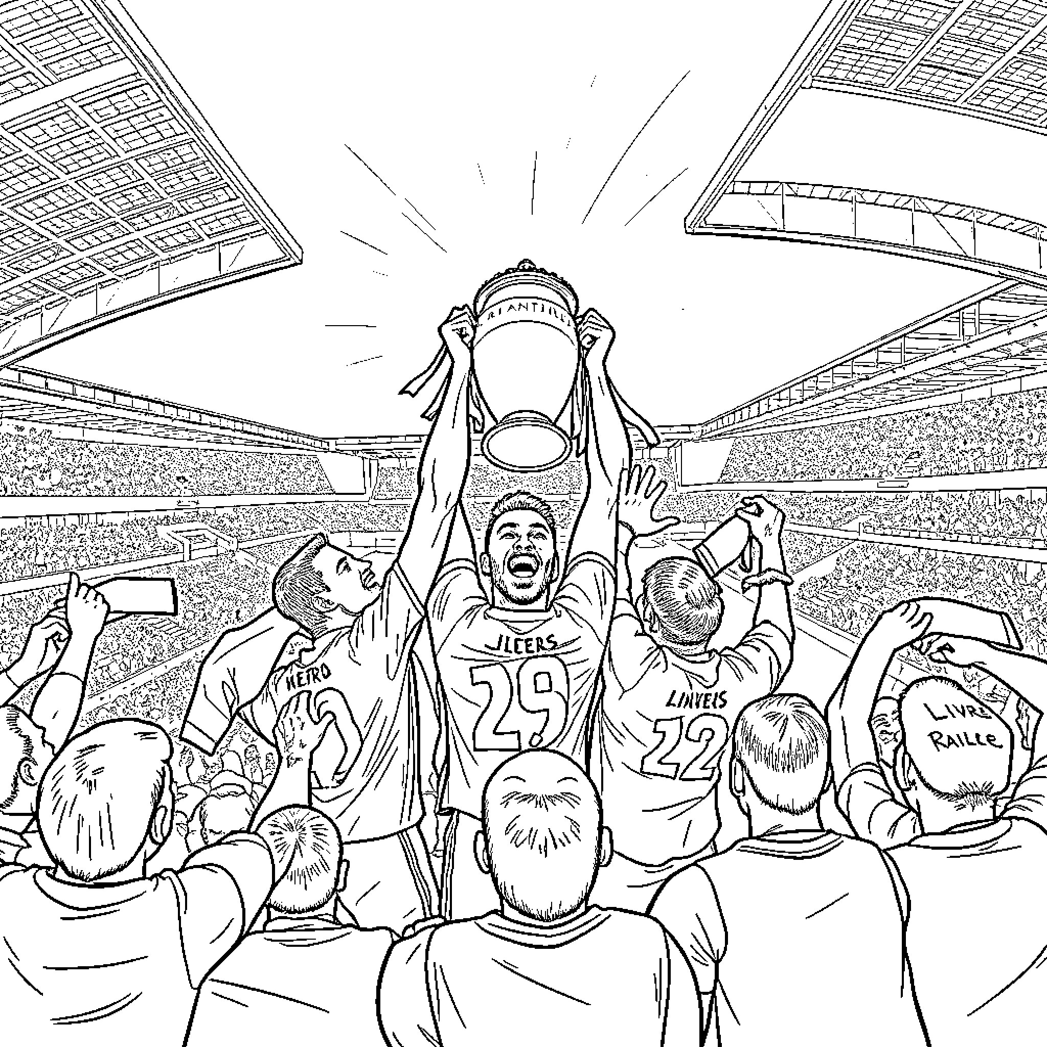 Liverpool players celebrating championship victory in stadium Coloring Page (free black-and-white line drawing printable PDF for all, from beginners to advanced learners, including children, teens, adults, and seniors)