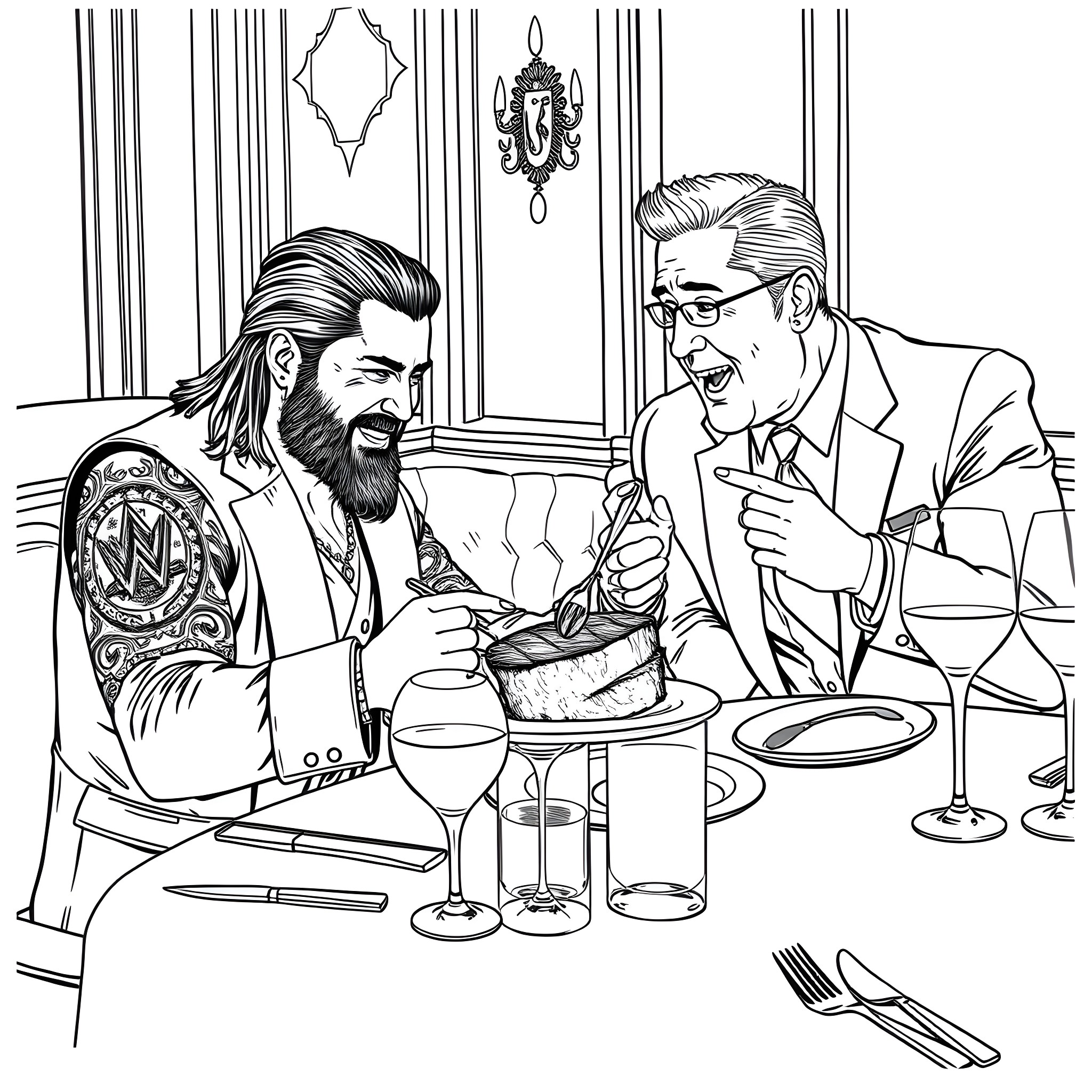 Roman Reigns Dining with Business Partner Coloring Page (free black-and-white line drawing printable PDF for all, from beginners to advanced learners, including children, teens, adults, and seniors)