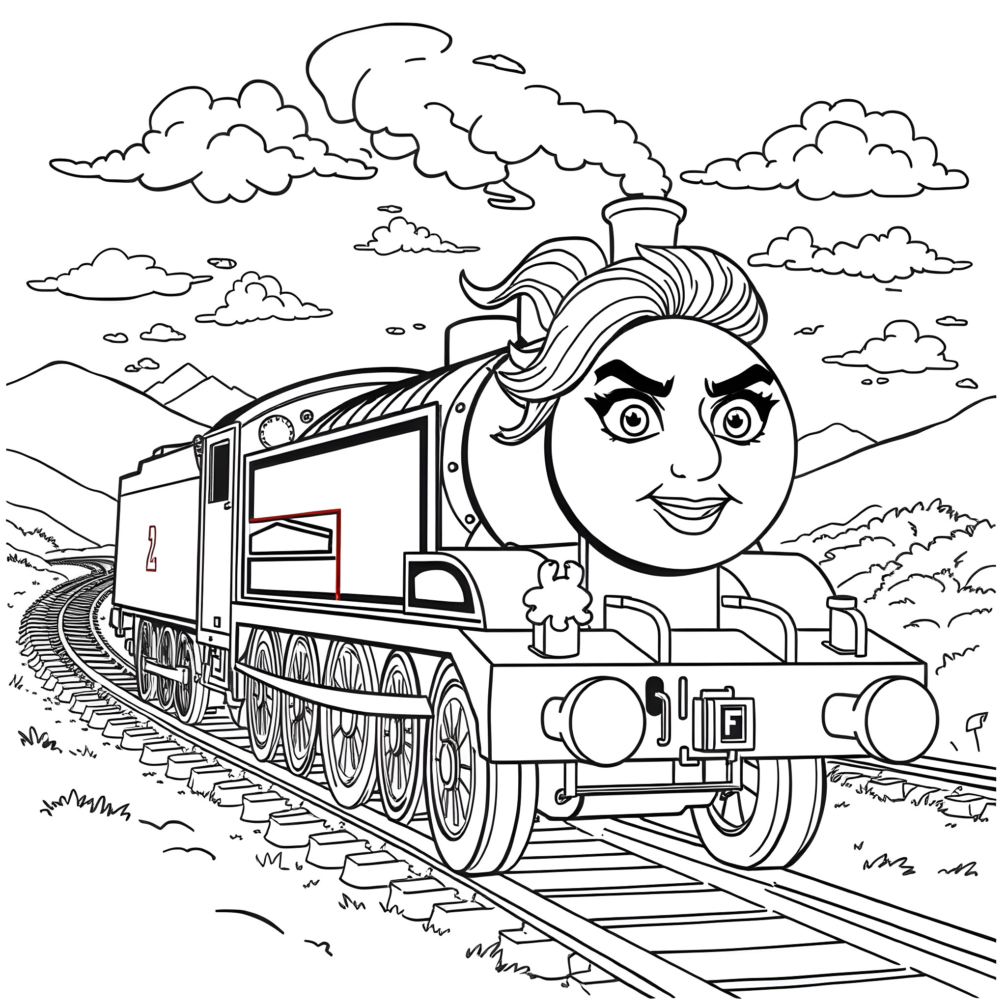 Emo Woman Riding a Whimsical Train through the Countryside Coloring Page (free black-and-white line drawing printable PDF for all, from beginners to advanced learners, including children, teens, adults, and seniors)