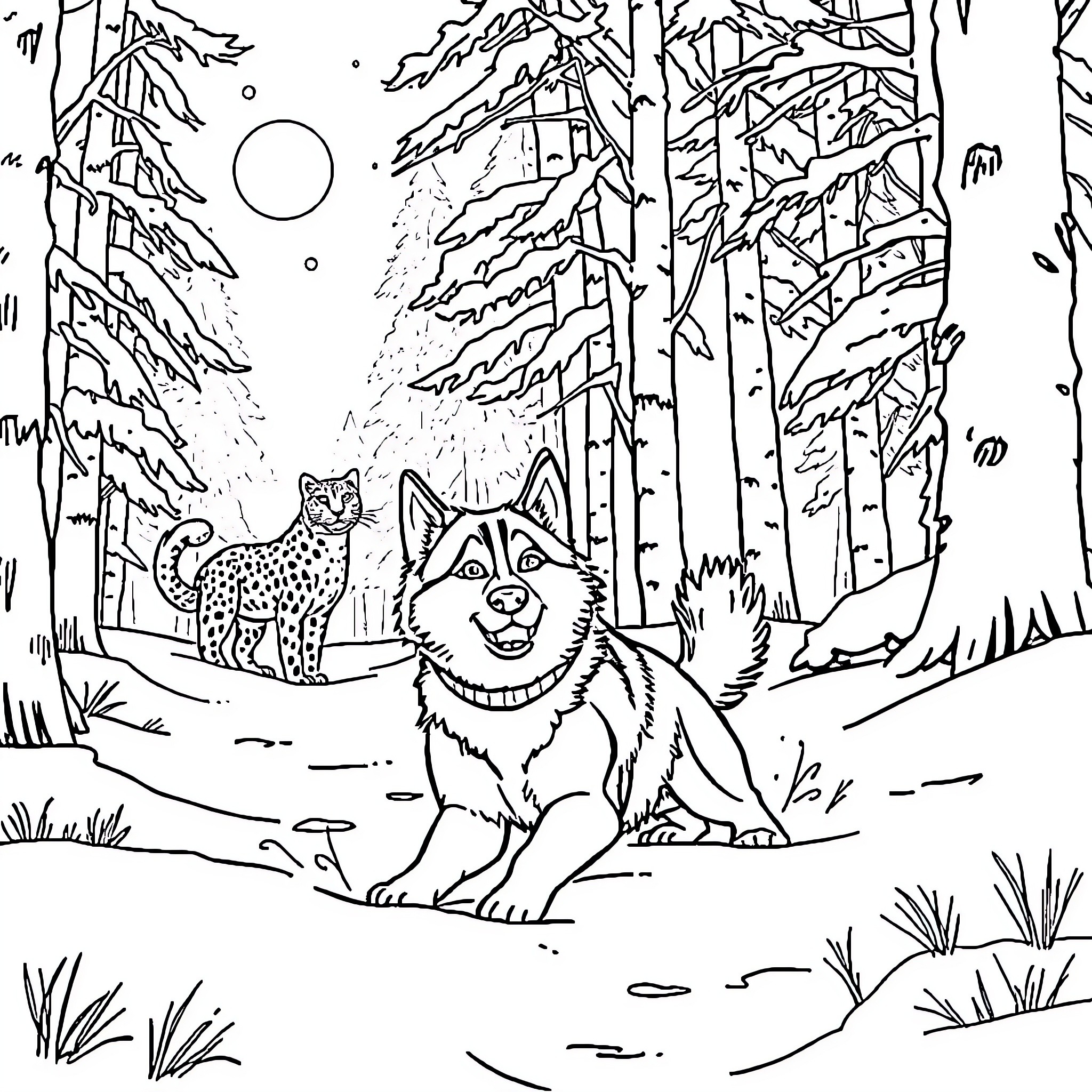 Husky enjoying a snowy forest with wildlife Coloring Page (free black-and-white line drawing printable PDF for all, from beginners to advanced learners, including children, teens, adults, and seniors)