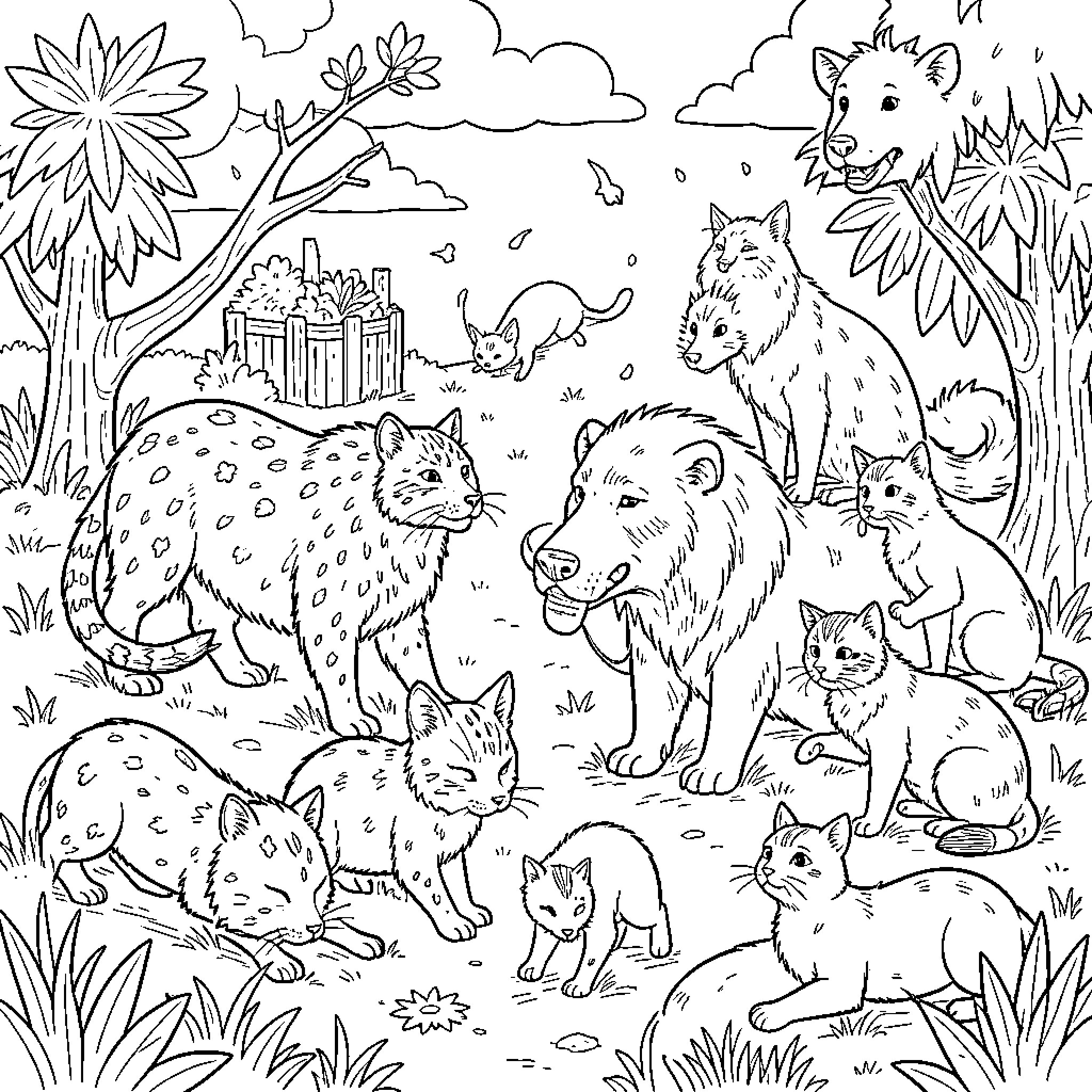 Zoonomali group of various cats playing in nature Coloring Page (free black-and-white line drawing printable PDF for all, from beginners to advanced learners, including children, teens, adults, and seniors)