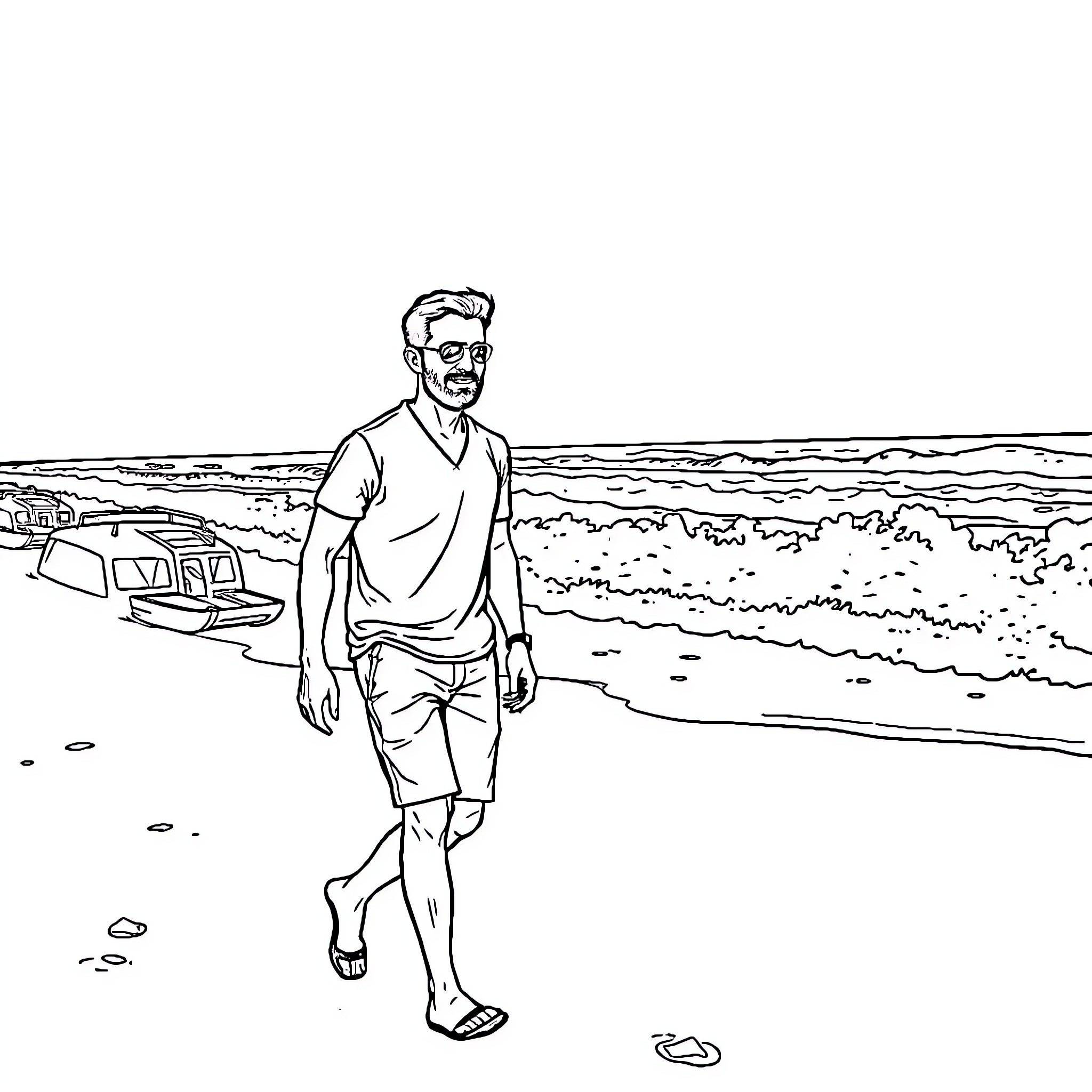Wade Barrett strolling by the beach Coloring Page (free black-and-white line drawing printable PDF for all, from beginners to advanced learners, including children, teens, adults, and seniors)