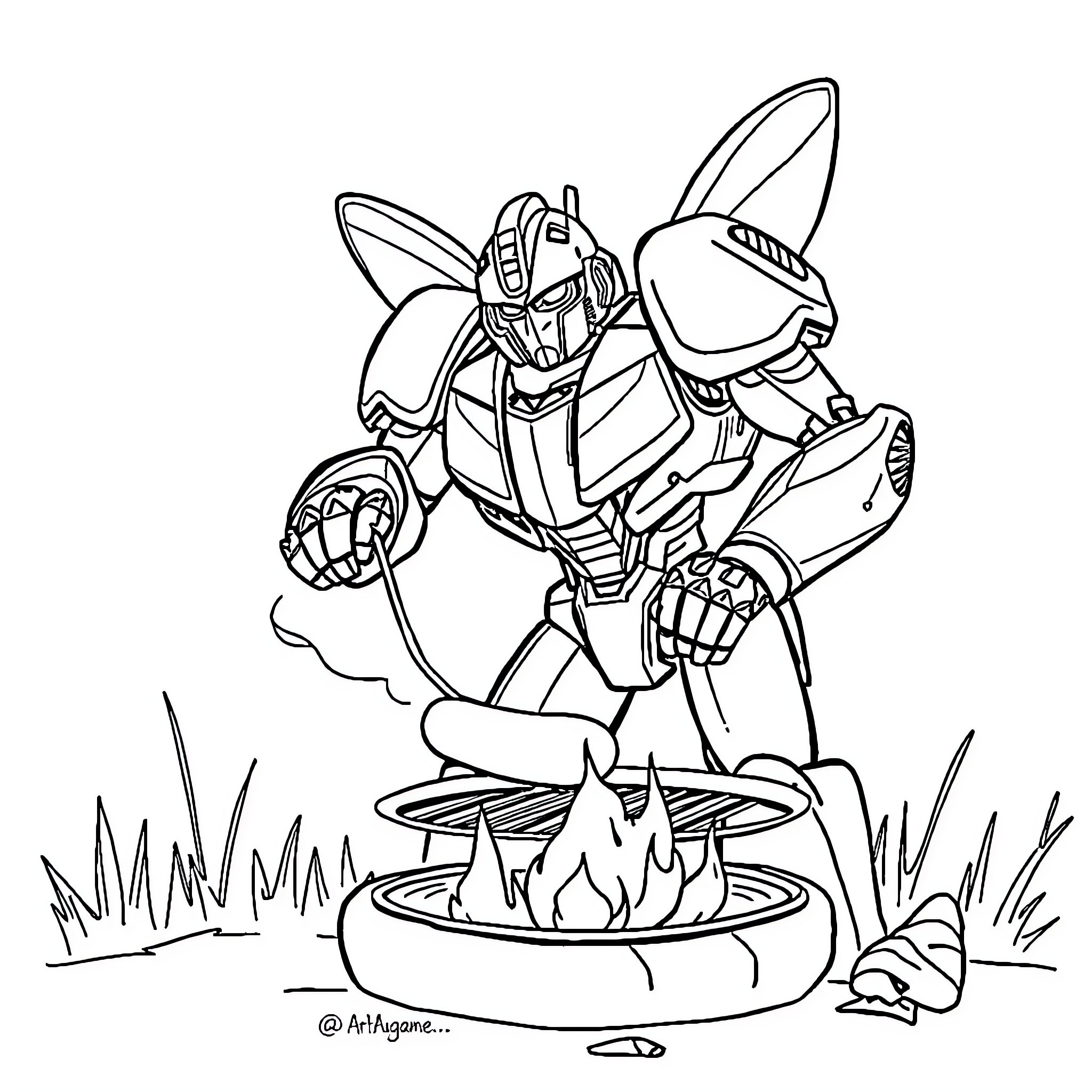 Bumblebee preparing a campfire in the wilderness Coloring Page (free black-and-white line drawing printable PDF for all, from beginners to advanced learners, including children, teens, adults, and seniors)