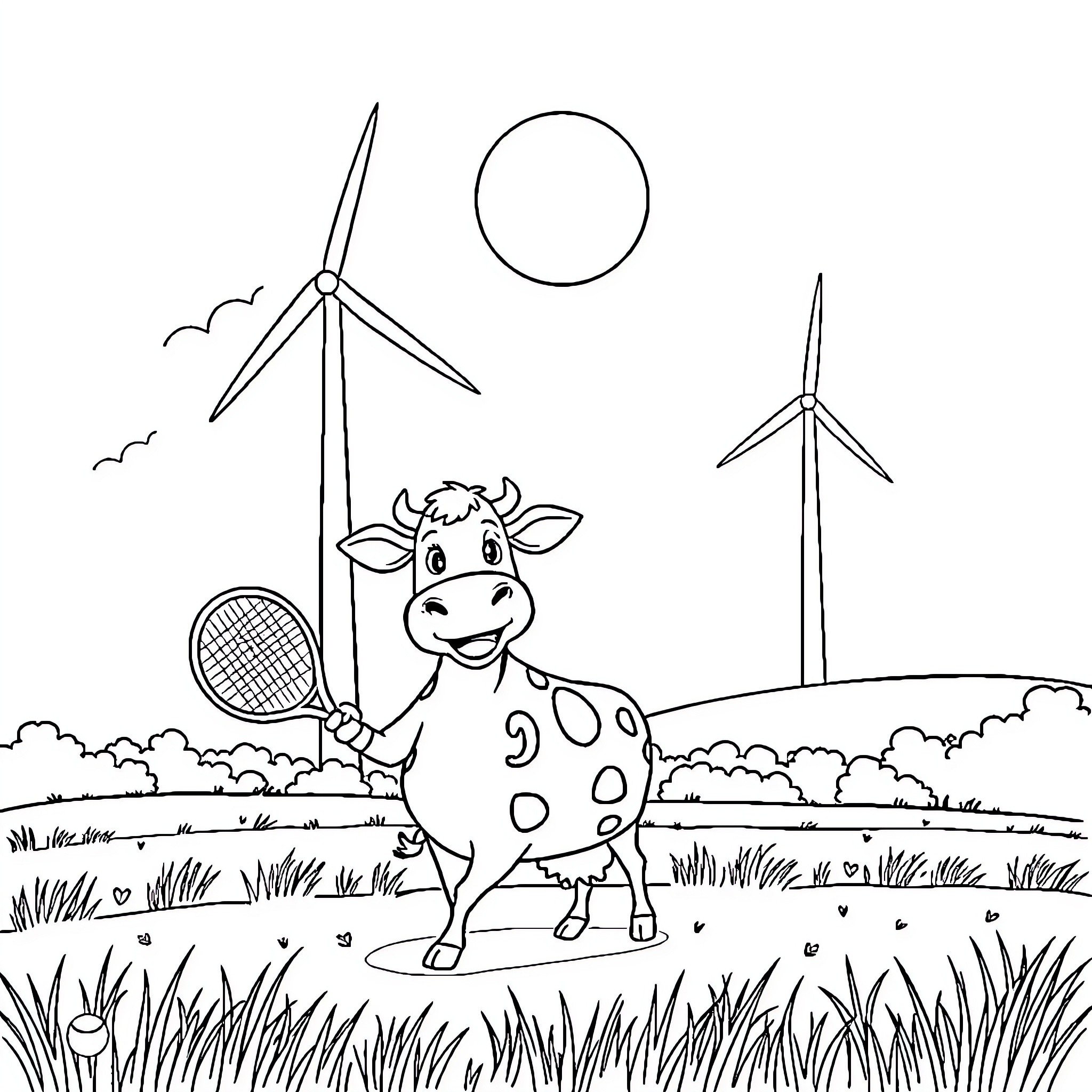 Cow enjoying the wind turbines in the countryside Coloring Page (free black-and-white line drawing printable PDF for all, from beginners to advanced learners, including children, teens, adults, and seniors)
