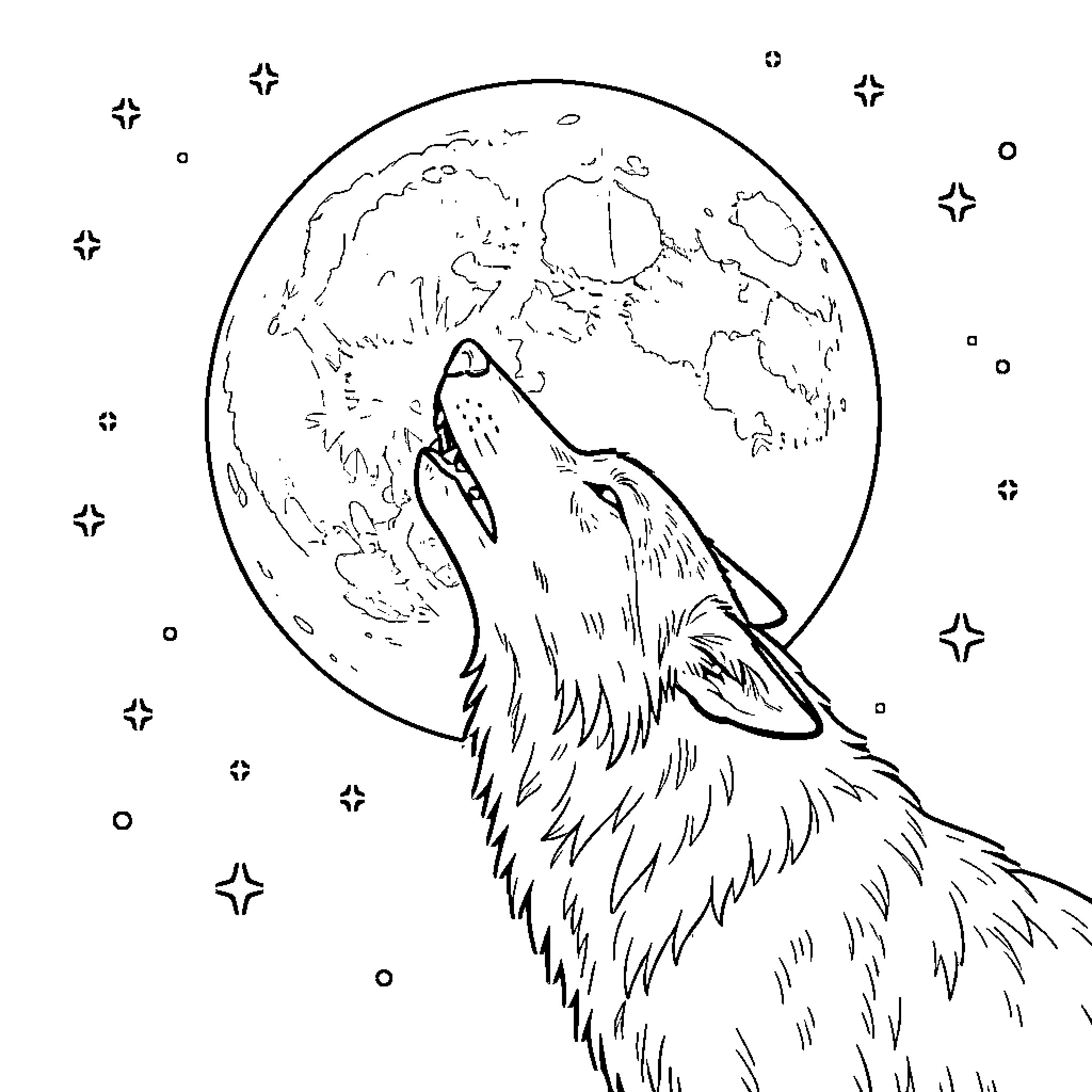 Wolf howling at the full moon in the night Coloring Page (free black-and-white line drawing printable PDF for all, from beginners to advanced learners, including children, teens, adults, and seniors)
