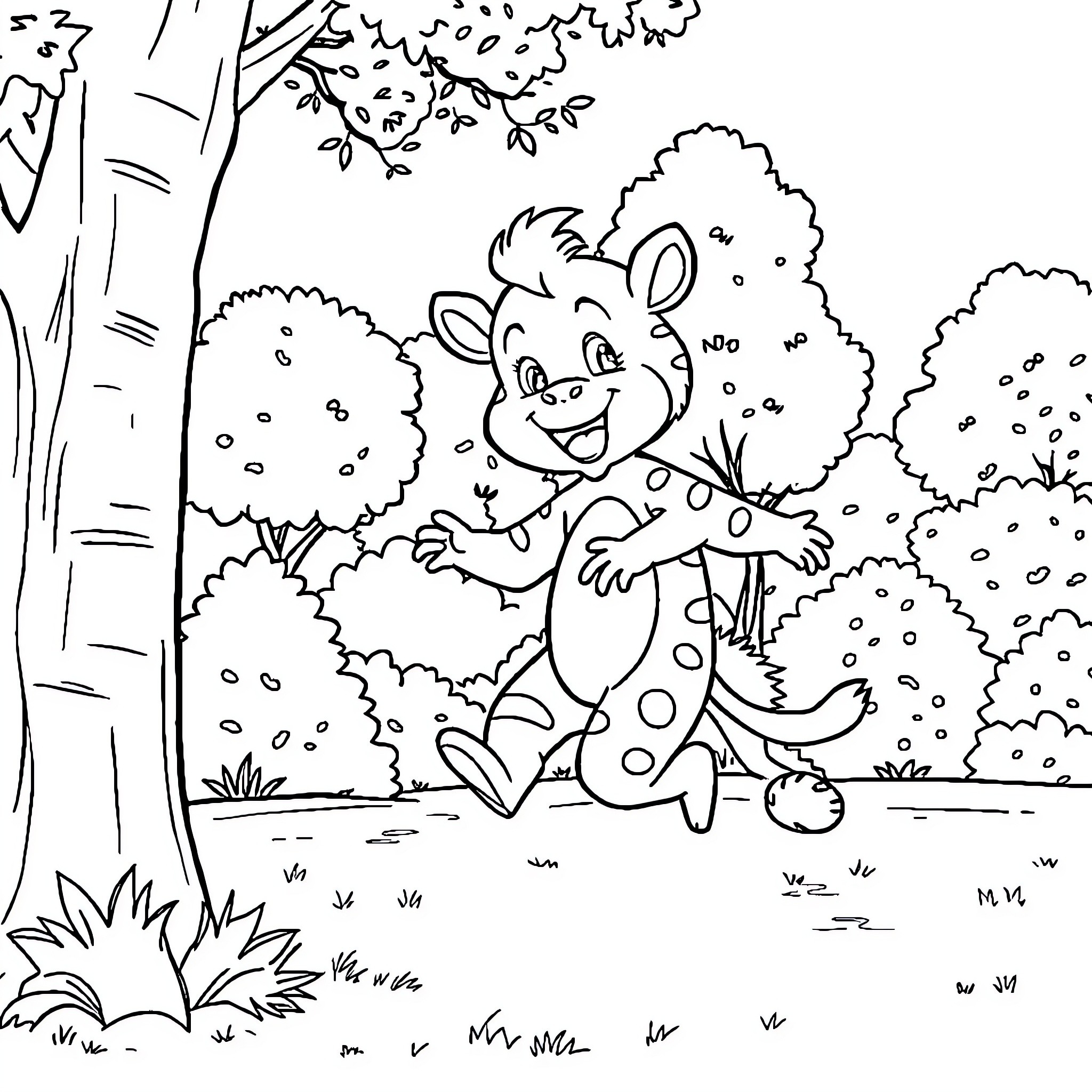 Niño playing joyfully in nature Coloring Page (free black-and-white line drawing printable PDF for all, from beginners to advanced learners, including children, teens, adults, and seniors)