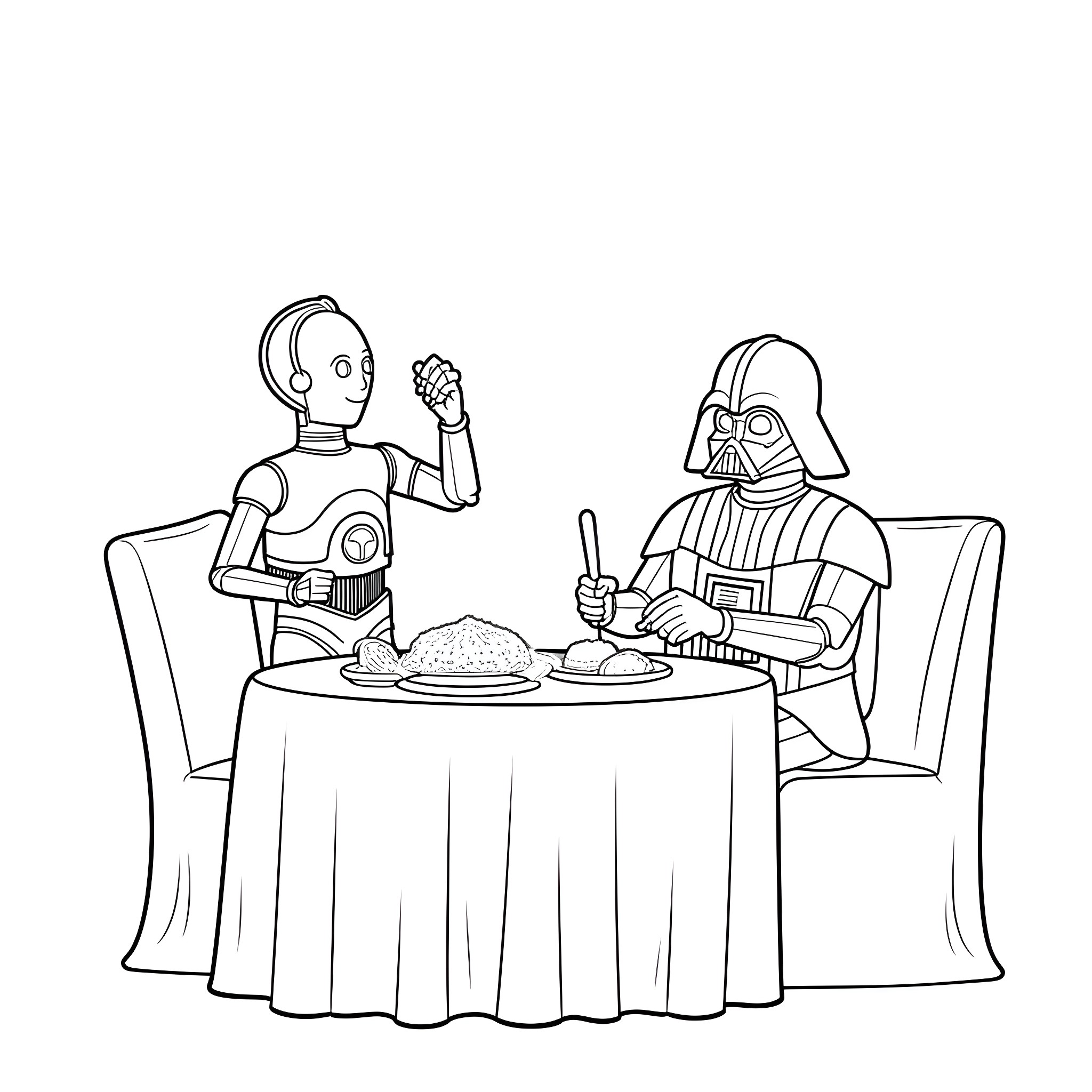 C-3PO and Darth Vader dine together at a table Coloring Page (free black-and-white line drawing printable PDF for all, from beginners to advanced learners, including children, teens, adults, and seniors)
