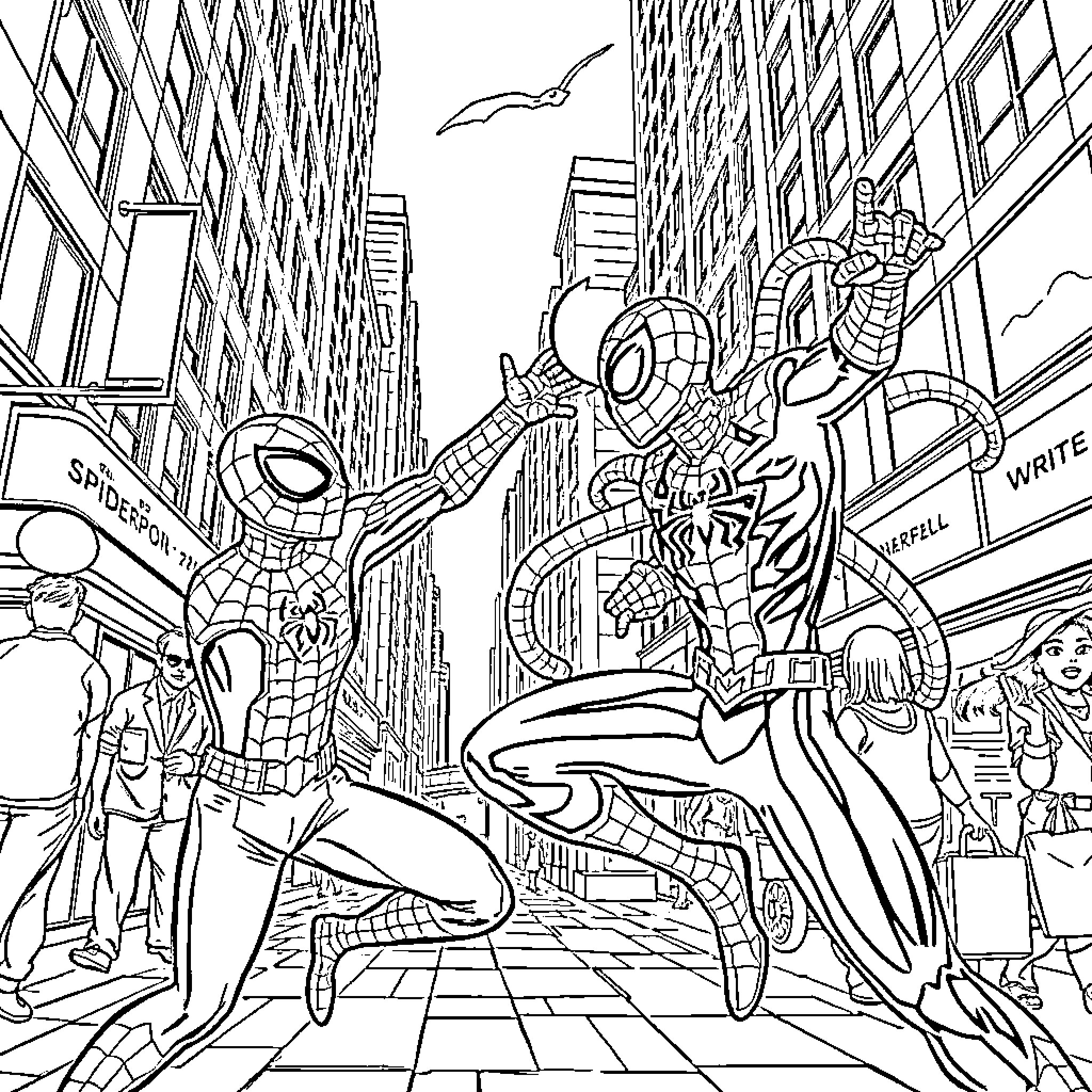 Spiderman swinging through the city streets Coloring Page (free black-and-white line drawing printable PDF for all, from beginners to advanced learners, including children, teens, adults, and seniors)