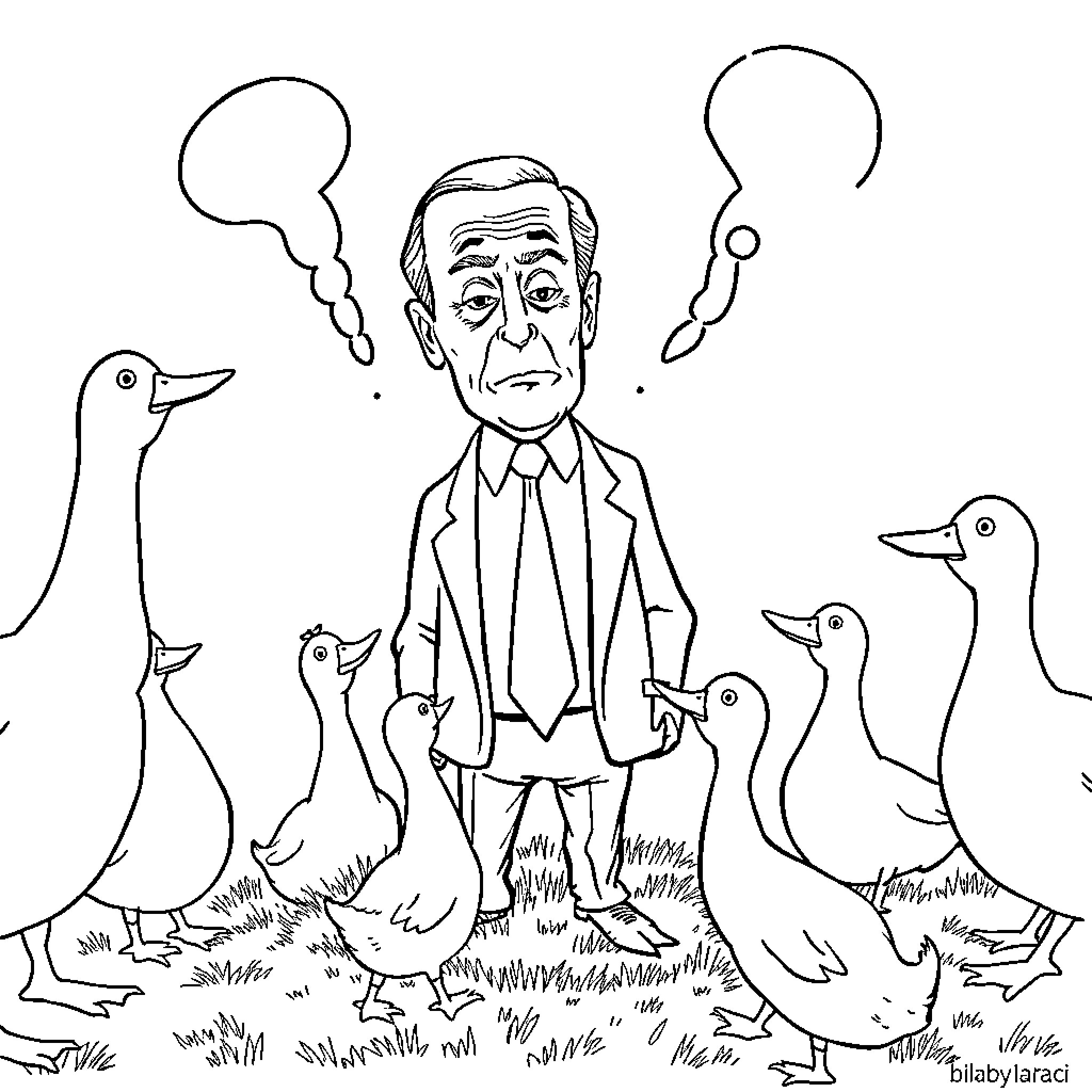 Joe Biden surrounded by ducks with contemplative expression Coloring Page (free black-and-white line drawing printable PDF for all, from beginners to advanced learners, including children, teens, adults, and seniors)